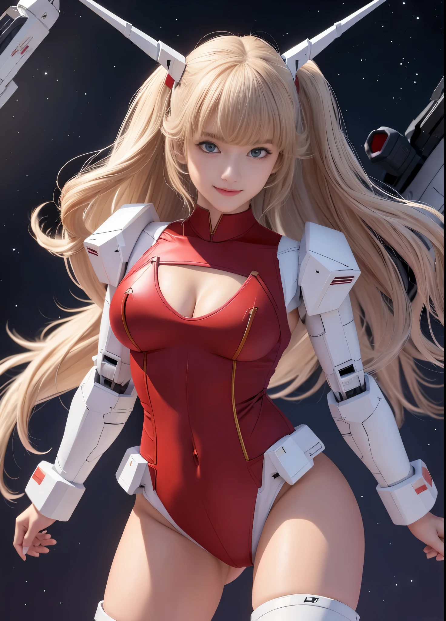 (highest quality), (masterpiece), Browsing Caution, Mobile Suit Gundam F91 personification, Great highlights on the upper body, Powerful Mech, Beautiful girl with a beam rifle, 22 years old, , discreet nose and chin, nice smile, Semi-long hair, Droopy eyes, No pants, Attractive ass, Loincloth, Moist、Slightly thick thighs, The legs open in an M shape., universe, Battle Scenes,