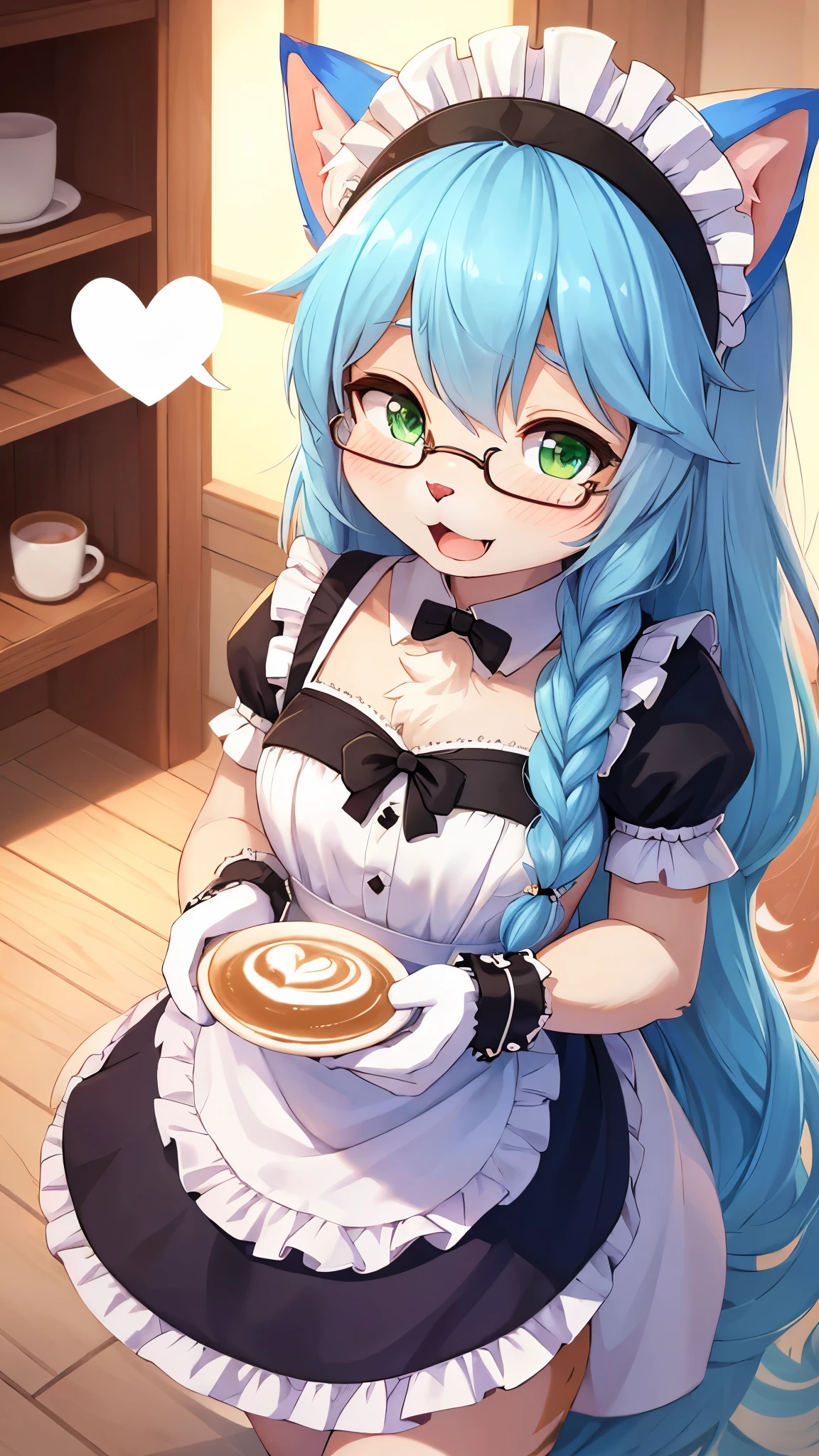 best quality,best resolution,(fluffy anthro furry :1.6),(young :1.6),cat girl,small breasts,light blue hair,long hair,wavy hair,curvy hair,green eyes,glistering eyes,sparkle eyes,huge circle glasses,maid outfit,maid headdress,maid gloves,ruffles,beautiful coffee cafe,white ligth,looking at viewer,full face blush,desire face,open mouth,heart eyes,heart expression eyes,standing,