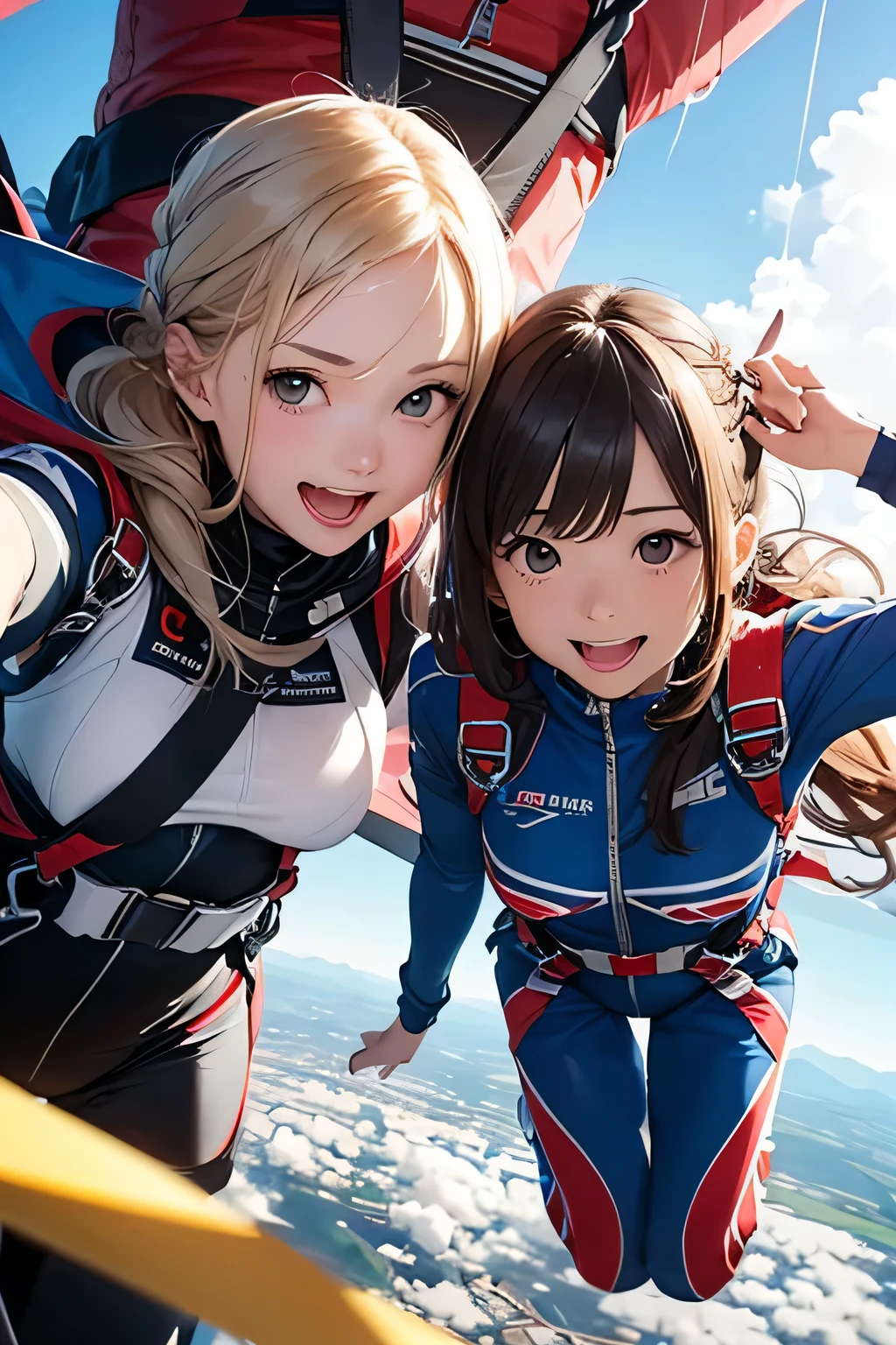 Highest quality、High resolution、Detailed Background、Beautiful face in every detail、Anatomically correct、(Draw the normal number of fingers:1.2)、(Detailed facial expressions:1.2)、Teenage Beauty、Huge breasts、Perfect body line、Cute hair colors、Braided long hair、Braided Ponytail、Braided Hairstyles、Wavy Hairstyle、well-groomed eyebrows、Very tall、

(Very tallでスリリングなアクティビティを楽しんで興奮している2人の美少女:1.5)、

I&#39;I&#39;m very excited、ultra high tension、boost mood、
I'm very excited the moment an airplane door is opened and I'm thrown into the air、
The strength of the wind and the sense of height make you feel like you&#39;re experiencing free fall for the first time, which heightens your excitement.、
The free fall from jumping out of the plane to the opening of the parachute is thrilling and exciting.、
Feel the sensation of falling at high speed and the changes in the surrounding scenery、You can test your limits and courage、
The moment when the parachute opens after a complete change of direction from free fall, The speed suddenly slows down and the atmosphere becomes quiet.、The moment was a mixture of excitement and relief.、
After the parachute opens, You can feel like you are slowly flying through the air.、
The sensation of being blown by the wind while taking in the beautiful scenery adds to the excitement.、
The final step in skydiving、It&#39;s time to land safely on the ground.、
パラシュートを使って滑空し、You can experience the excitement by timing your landing.、
The skydiving experience、It gives you unforgettable excitement and thrills.、

Jump together and create aerial memories with Partner Jumps for 2 or more people, Couples and parents、
The pets who skydive with us are also cute、
If you prepare the right equipment such as a small dog or cat and jump together, Enjoy the expressions and reactions of your pets、
A group of friends skydiving together is cute and fun、
The sight of everyone jumping together is colorful and cute.、
You can also design your parachute by choosing cute characters or colorful patterns.、The sight of big, cute characters and patterns spreading across the sky is、You can enjoy both cuteness and excitement at the same time、
Skydiving is a thrilling and adventurous activity., Don&#39;t forget to smile and be cute、

Pair a sporty top with colorful shorts、
Choose bright colors and patterns for your tops、
Freestyle jumpsuits are the perfect accessory for skydiving、

It's stylish and cute when you incorporate accessories such as caps and sunglasses、
Remember to choose the right equipment to ensure freedom of movement and safety.
