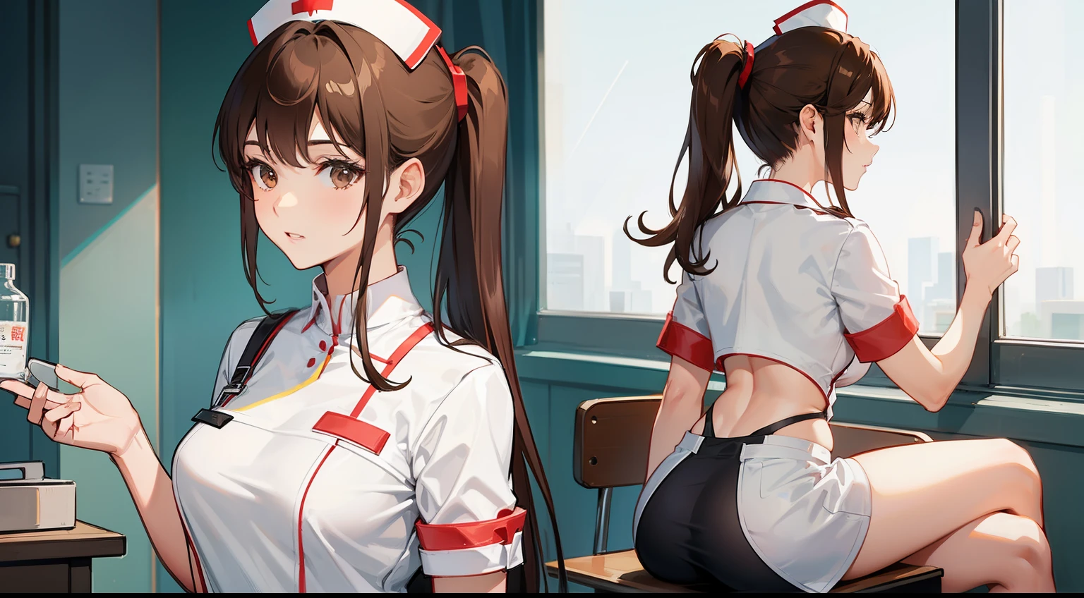 1.Sexy female nurse with brown hair，Wearing nurse uniform，Side and back views，Sitting