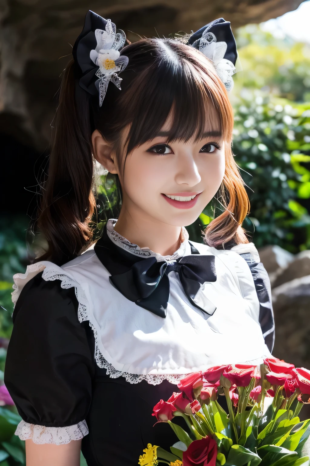 ((Tabletop:1.4, highest quality)), (Realistic photos:1.4), 
((1 girl)), (Pure actress), (dream-like), YUIMETAL,
(超High resolution:1.2), Very delicate and beautiful, wonderful, very detailed Cg Unity 8K wallpaper, Very detailed, High resolution, 
Soft Light, Beautiful detailed girl, Very detailedな目と顔, Beautiful and detailed nose, Beautiful and detailed, 
(Wearing a Gothic ta maid dress:1.3), (Twin tails),
Cinema Lighting, Perfect Anatomy, Slender body, (Parted bangs),
(Flower garden blooming in a cave:1.3), (Flowers blooming in the dark々々the brilliance of:1.5), (Light and dark emphasis), (Wonderful beauty),
Cowboy Shot, Looking at the audience, (smile)
