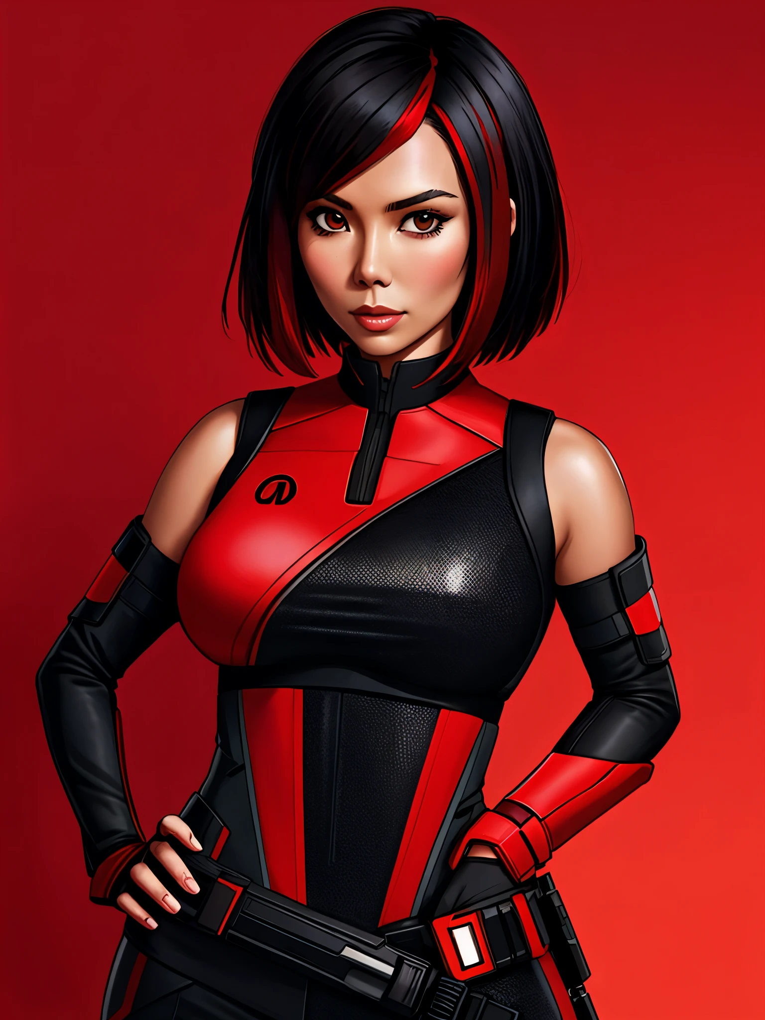 Lexa Doig, short bobcut black hair with red streaks, sleek futuristic outfit