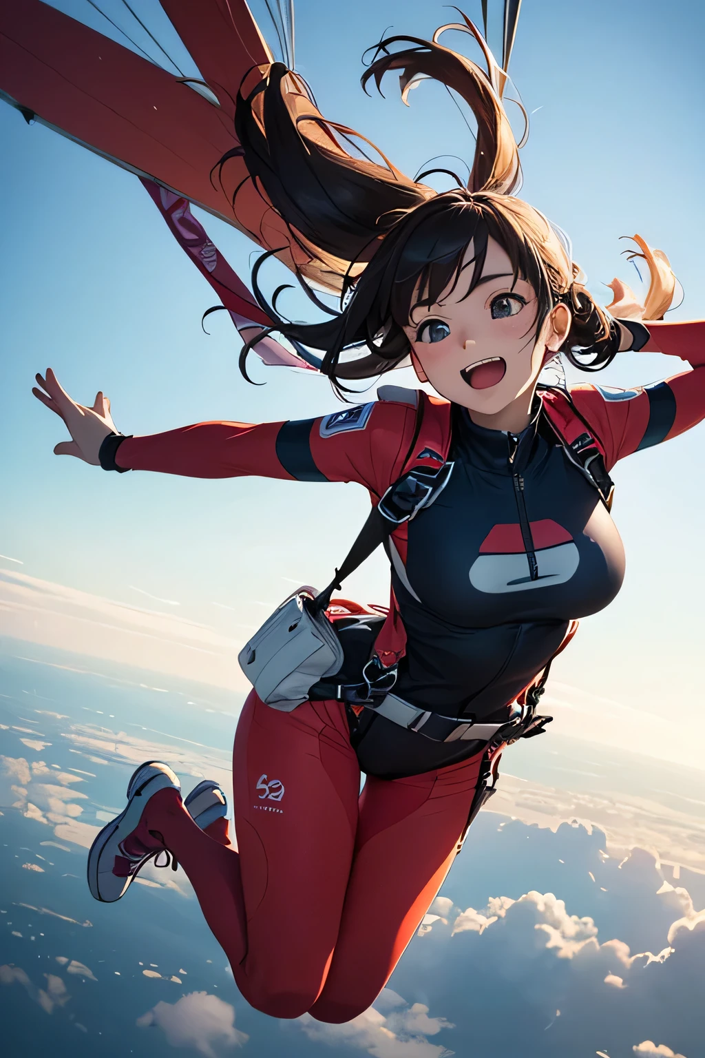 highest quality、High resolution、Detailed Background、Beautiful face in every detail、Anatomically correct、(Draw a normal number of fingers:1.2)、(Detailed facial expressions:1.2)、Teenage beauty、Huge breasts、Perfect body line、Cute color hair color、Braided long hair、Braided Ponytail、Braided Hairstyles、Wavy Hairstyle、well-groomed eyebrows、Super height、
(Two beautiful girls excited enjoying thrilling activities at super height:1.5)、
I'm extremely excited、Ultra high tension、Uplifting、
I'm very excited the moment an airplane door is opened and I'm thrown into the air、
The strength of the wind and the sense of altitude The feeling of free fall you experience for the first time heightens the excitement、
The free fall from jumping off an airplane until the parachute opens is thrilling and excited-boosting、
You can test your own limits and courage while feeling the feeling of falling at a high speed and changes in the surrounding scenery、
The moment the parachute opens after completely turning from free fall, the speed decreases all at once and it shifts to a quiet atmosphere、this moment is a mixture of excitement and relief、
After the parachute opens, you can enjoy the feeling of slowly flying through the air、
The feeling of floating in the wind and taking a walk in the air while admiring the beautiful scenery also heightens the excitement、
The last step in skydiving is the moment you land safely on the ground、
You can enjoy the excitement by using a parachute to glide and timing your landing、
The skydiving experience will give you the excitement and excitement you'll never forget、
Let's jump together and make memories in the air with two or more partner jumps, such as couples or parents、
The pets we skydive with are cute too、
If you prepare the right equipment such as a small dog or cat and jump together, the pet's facial expressions and reactions are fun、
A group that skydives with friends and friends coexists with cuteness and fun、
The sight of everyone jumping into the air together is so colorful and cute、
You can also choose cute characters and colorful patterns to design your parachute、You can enjoy loveliness and excitement at the same time as the sight of big cute characters and patterns spreading in the air、
Skydiving is a thrilling and adventurous activity, but don't forget to incorporate smiles and cuteness、
Pair a sporty top with colorful shorts、
Choose bright colors or patterns for tops、
A freestyle jumpsuit is the perfect item for skydiving、
You can show off your cuteness by choosing a design with a colorful pattern or embroidery、
Pair an oversized t-shirt with colorful leggings、
Choose T-shirts with cute characters or logos printed on them、
Choose sporty sneakers that are comfortable to wear、
It's stylish and cute when you incorporate accessories such as caps and sunglasses、
Don't forget to choose the right equipment to ensure ease of movement and safety