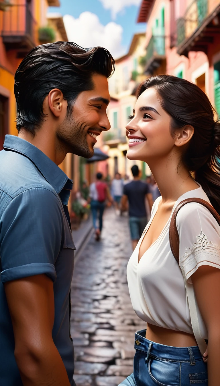 (Ultra realistic image, 42K, ultra-hd), IAs Ana and Miguel walk through the busy streets, their paths cross with a group of friends. They stop to talk and laugh, and soon they are surrounded by a cloud of positive energy. As the afternoon passes, Ana and Miguel feel more and more connected, as if they had known each other their entire lives.
When it's time to say goodbye, Ana and Miguel exchange meaningful looks. There are no words spoken, but the message is clear: there is something special happening between them.
With smiles on their faces and hearts full of hope, they go their separate ways, knowing that their destinies are intertwined. The flirtation of glances in the cafe was just the beginning of something magical.