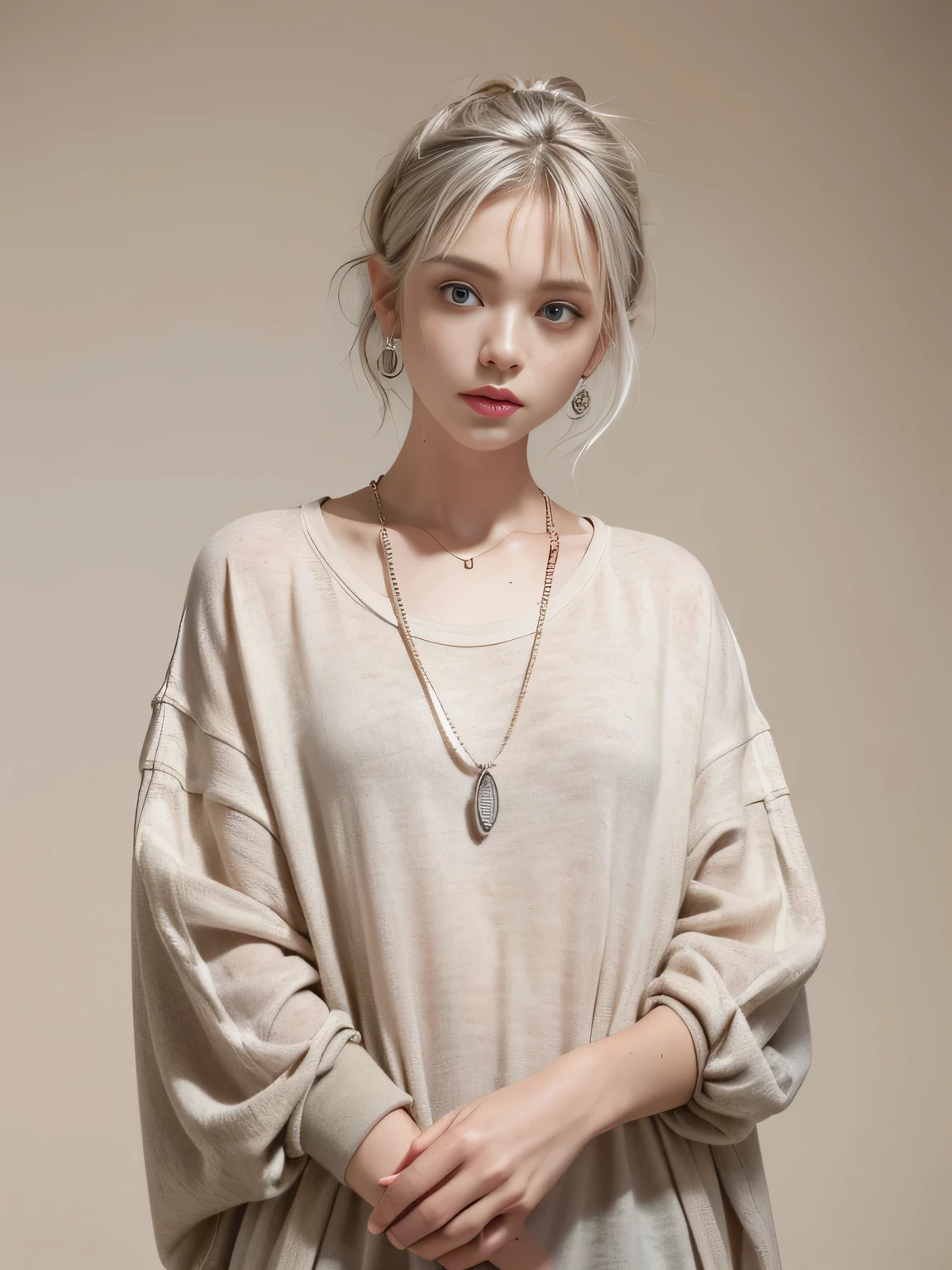 (8K, highest quality, High resolution, masterpiece :1.3), (beige background), stylish, High sense, fashion, The contour is the length of the surface, Eyes are long and narrow, (freckles), wavy silver short hair, hair band, Red oversized clothing, Baggy clothes, necklace, Earrings, graphic design, Strike a Pose,