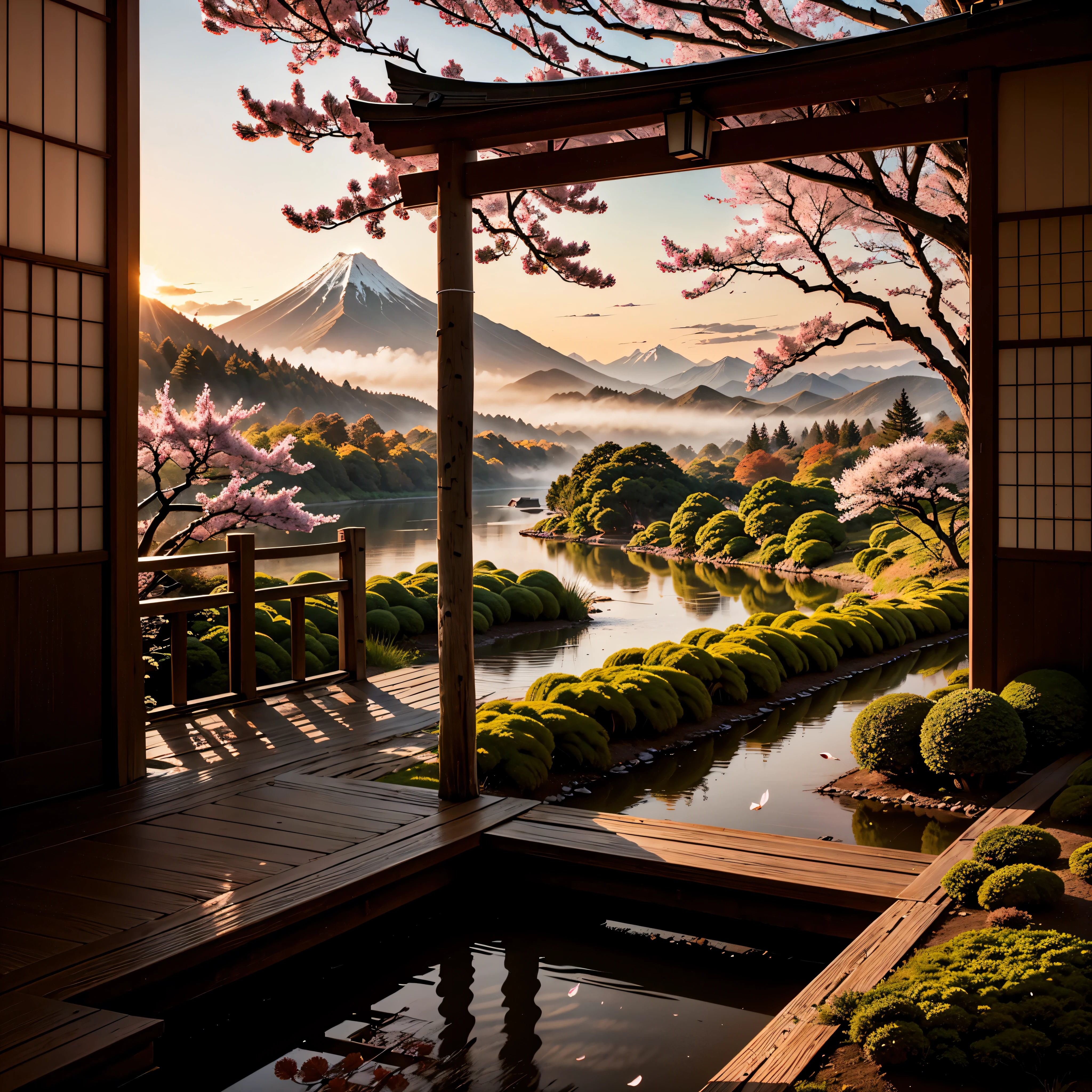 Description:
The image depicts a serene and picturesque Japanese landscape, capturing the essence of tranquility and natural beauty. In the foreground, a gracefully arched wooden bridge stretches over a gently flowing stream, adorned with vibrant red maple leaves, signifying the arrival of autumn. On either side of the stream, slender bamboo stalks sway gently in the breeze, their emerald green hues contrasting against the warm tones of the surrounding foliage.
In the middle ground, a traditional Japanese tea house sits nestled among a grove of cherry blossom trees, their delicate pink petals fluttering softly to the ground. Wisps of steam rise from a ceramic teapot on the tea house's veranda, hinting at the presence of a tranquil tea ceremony taking place within.
In the distance, rugged mountains rise majestically against the horizon, their peaks shrouded in mist. A solitary torii gate stands at the foot of the mountains, its vermilion hue a striking contrast against the verdant landscape.
The sky above is a canvas of soft pastel hues, with wispy clouds illuminated by the gentle glow of the setting sun. A sense of serenity pervades the scene, inviting viewers to immerse themselves in the timeless beauty of Japan's natural wonders.