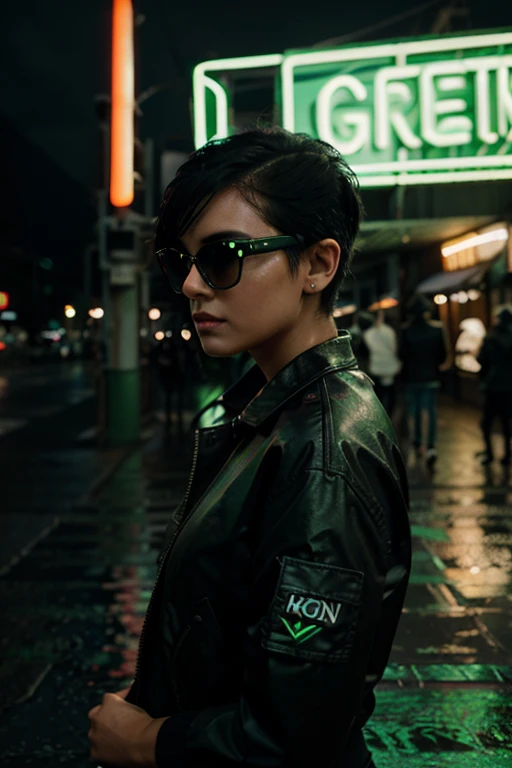 DSLR photo, side view of a woman with short black hair standing in front of a green neon sign, sunglasses, jacket, in the rain, NeonNoir, hard shadow, masterpiece, best quality, Intricate, High Detail, 8k, modelshoot style, film grain