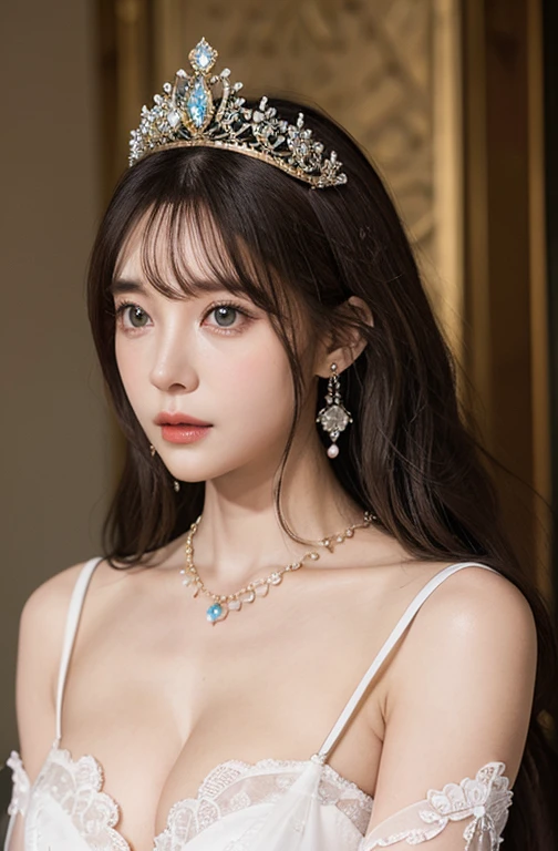 Princess , in castle , detailed hand , high quality, super quality, detailed face, beautiful woman , golden eyes, long hair , mega breast , gorgeous dress, tiara, necklace , earring , sharpe eyebrow , 