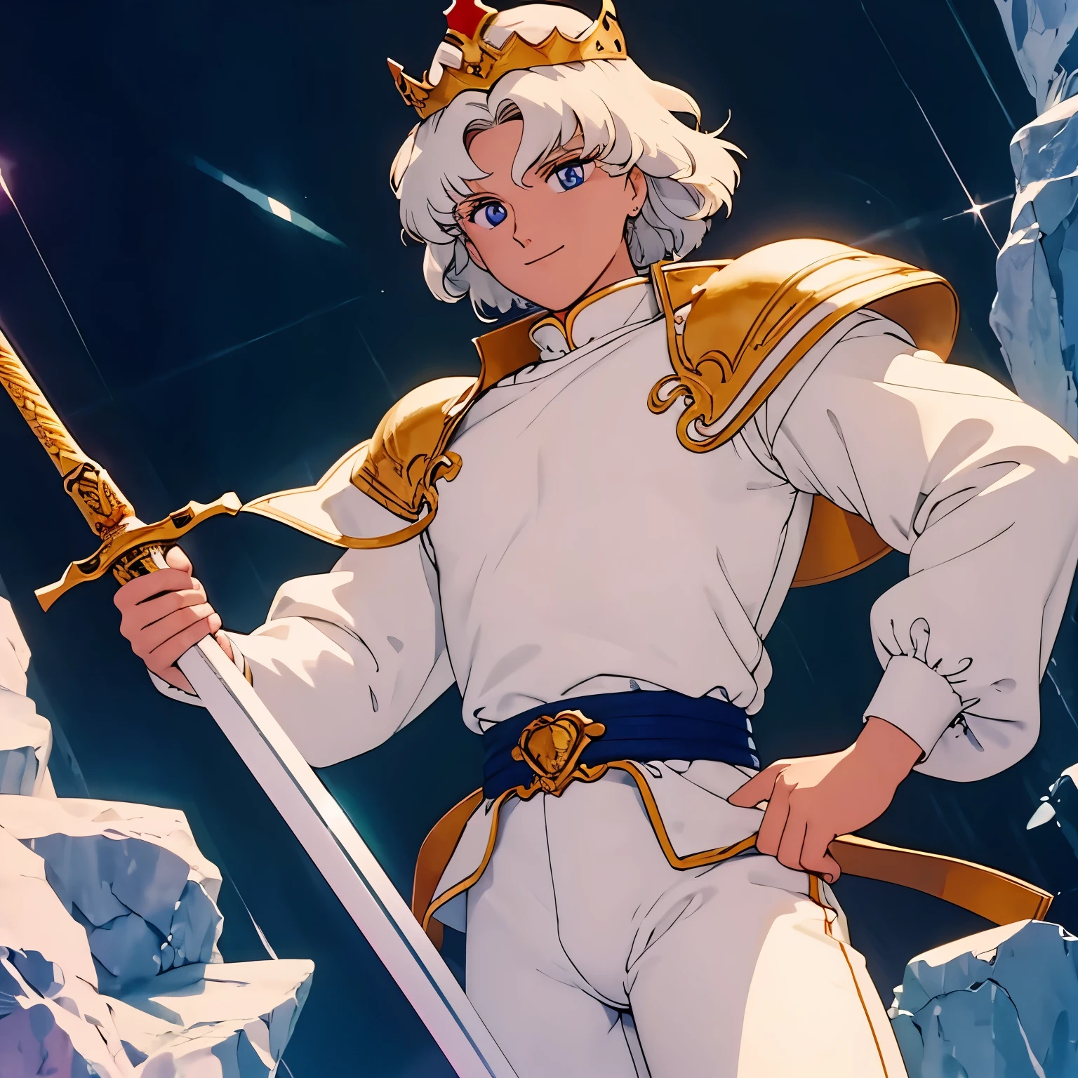 best quality, masterpiece, 1boy, light smile, looking at the viewer, medieval fringe, blond white hair, flat chested, floating colorful water, a white princely suit with blue pants, holding a sword with a red heart in the middle in his left hand, wearing a princely crown on his head, has blind white eyes.