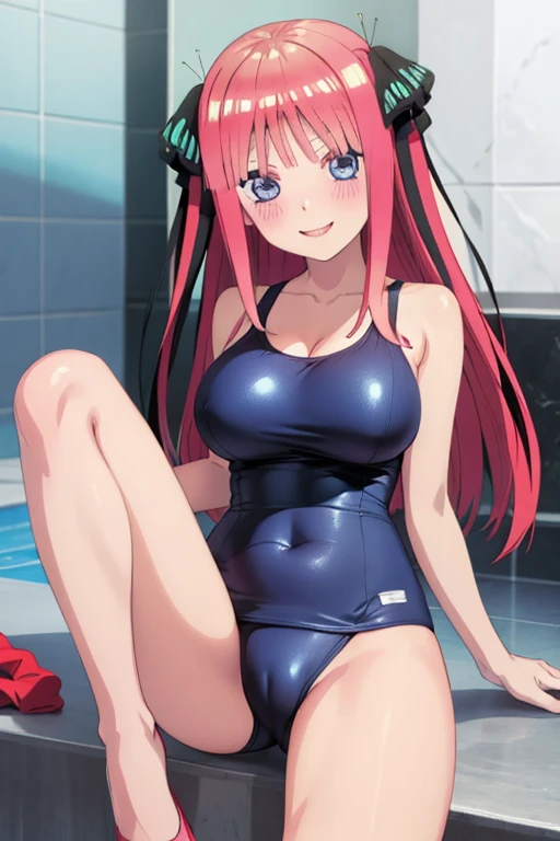 best quality, ultra-detailed masterpiece, anime art style, cute characters, nino nakano, one-piece swimsuit, large breasts, blush, smile