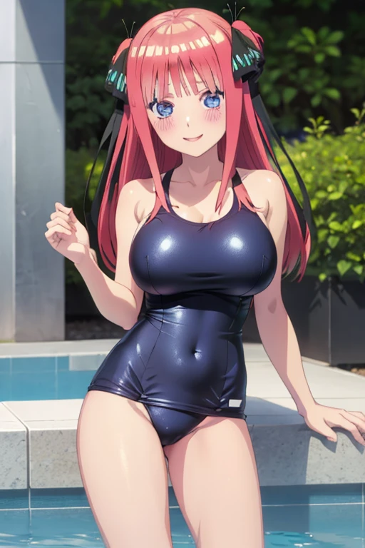 best quality, ultra-detailed masterpiece, anime art style, cute characters, nino nakano, one-piece swimsuit, large breasts, blush, smile