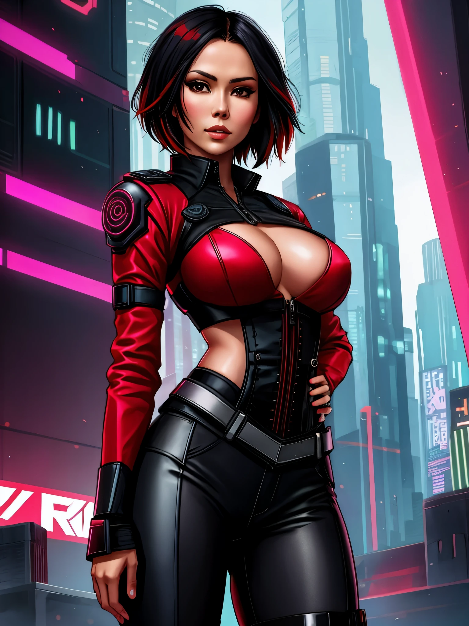 Lexa Doig, short bobcut black hair with red streaks, cyberpunk corset