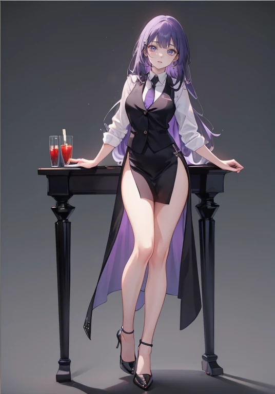 ((Perfect Face)),Purple Hair,voluminous long hair,1 female,bartender,Black vest,Shirt with rolled up sleeves,tie,slit,High heels,,((Simple Background)),smile,((Full Body)),((full body))