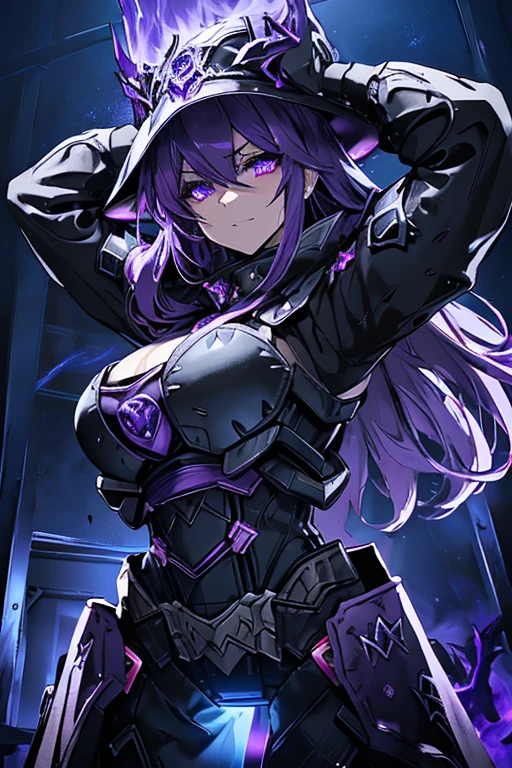 a girl berserker in purple metal armor, imposing purple aura, space on one side, highly striking japanese anime style, (best quality,4k,8k,highres,masterpiece:1.2),ultra-detailed,(realistic,photorealistic,photo-realistic:1.37),vivid colors,dramatic lighting,intricate details,epic scene,dramatic pose,dynamic composition