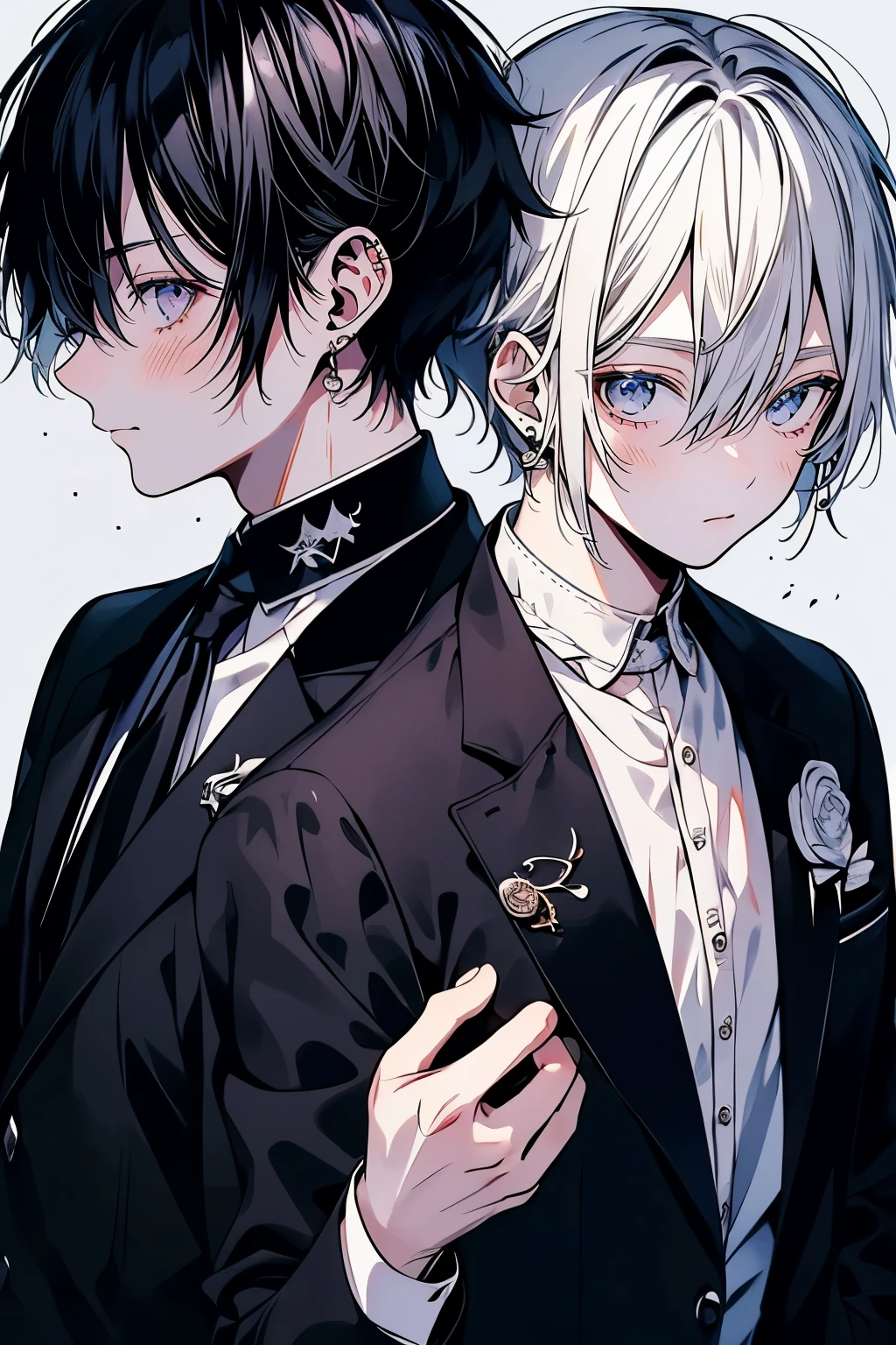 (Mastepiece), (Best Quality), Very detailed, ((Two friendly men)), Perfect Face, Beautiful Face, Very detailed顔，(Black Haired Man:1.3)，(Man with white hair:1.3)，suit，shirt