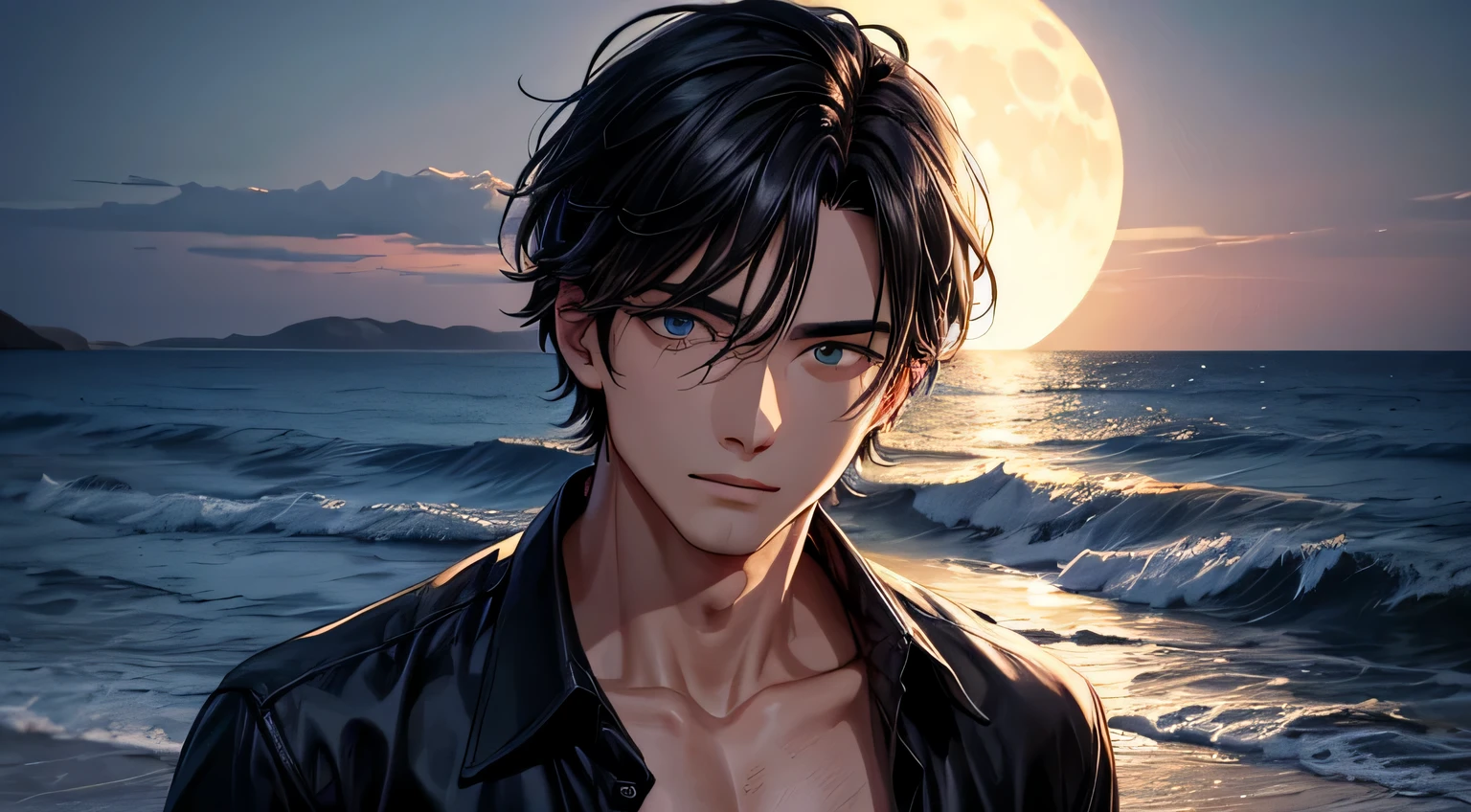 1boy,11 only、(Man's :2) ,Handsome boy,long hair of red color、 Collar,tattooed、Upper body naked、Prone、Moon Night 、sand beach、beautiful lighting、hightquality、masutepiece,8K,