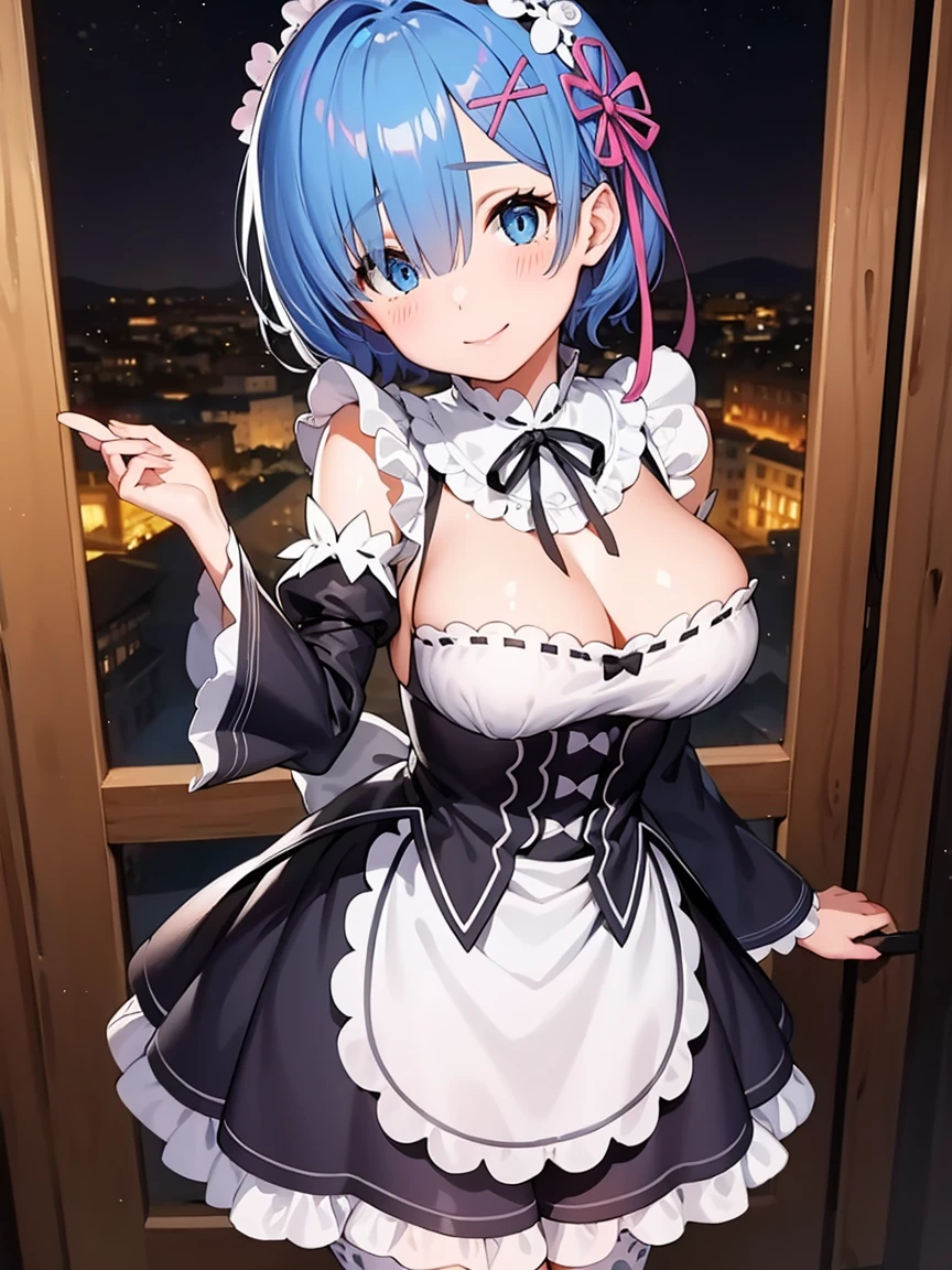 aarem, short hair, maid headdress, x hair ornament, hair ribbon, hair over one eye, large breasts, frills, neck ribbon, cleavage, dress, detached sleeves, white apron, waist apron, white pantyhose, (short stature:1.1)
BREAK 
(sfw), put hand on breast, head tilt
BREAK
little smile, happy, (blush), (close your mouth)
BREAK 
official art, best masterpiece, best quality, best resolution, 8K, best detailed, perfect anatomy
BREAK
Wild West, Western town, dust, night sky, extremely detailed CG unity 16k, very fine 16KCG wallpapers