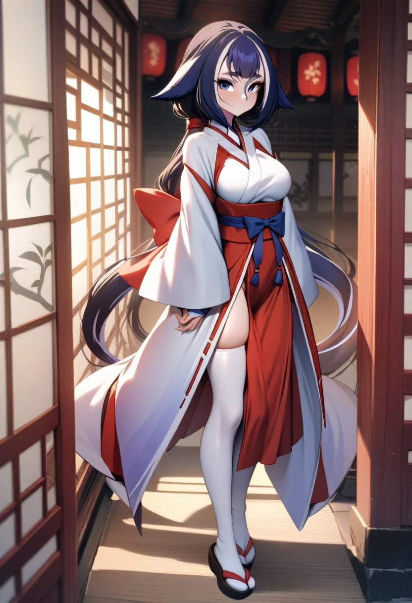 High definition、anime、pastel、A neat woman dressed in a shrine maiden outfit、Do not show your legs、Do not show thighs、Flowers sprout from beneath your feet、A long, flowing miko outfit、18age、Half red long silver hair、Full body portrait、Wearing clogs、Large eyes like opals、Powerful eyes、Dance dedicated to the gods