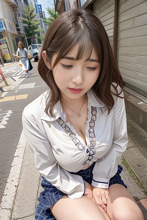 Vibrator prank in public,Women in public,She leaned forward.,(She closes her eyes),she yawns,Hand holding a pink remote control outside the frame,She wants me to stop using the vibrator,She puts her hand on her crotch,She wears Gothic Lolita clothes、Fluffy medium hair、Pure erotic face、(Masseter muscle area:1.3)、(8k、Photorealistic、RAW Photos、Highest quality: 1.4)、(One Girl)、Very beautiful face、Very beautiful face、Very beautiful face、(Very realistic face)、(Brown hair、Fluffy medium hair:1.3)、Very beautiful hairstyles、Very realistic eyes、Very beautiful details、(Extremely realistic skin)、Very beautiful skin、Absurd、Very attractive、Ultra-high resolution、Surreal、High definition、Golden Ratio、Golden Ratio、Golden Ratio、beauty、beauty、beauty。
