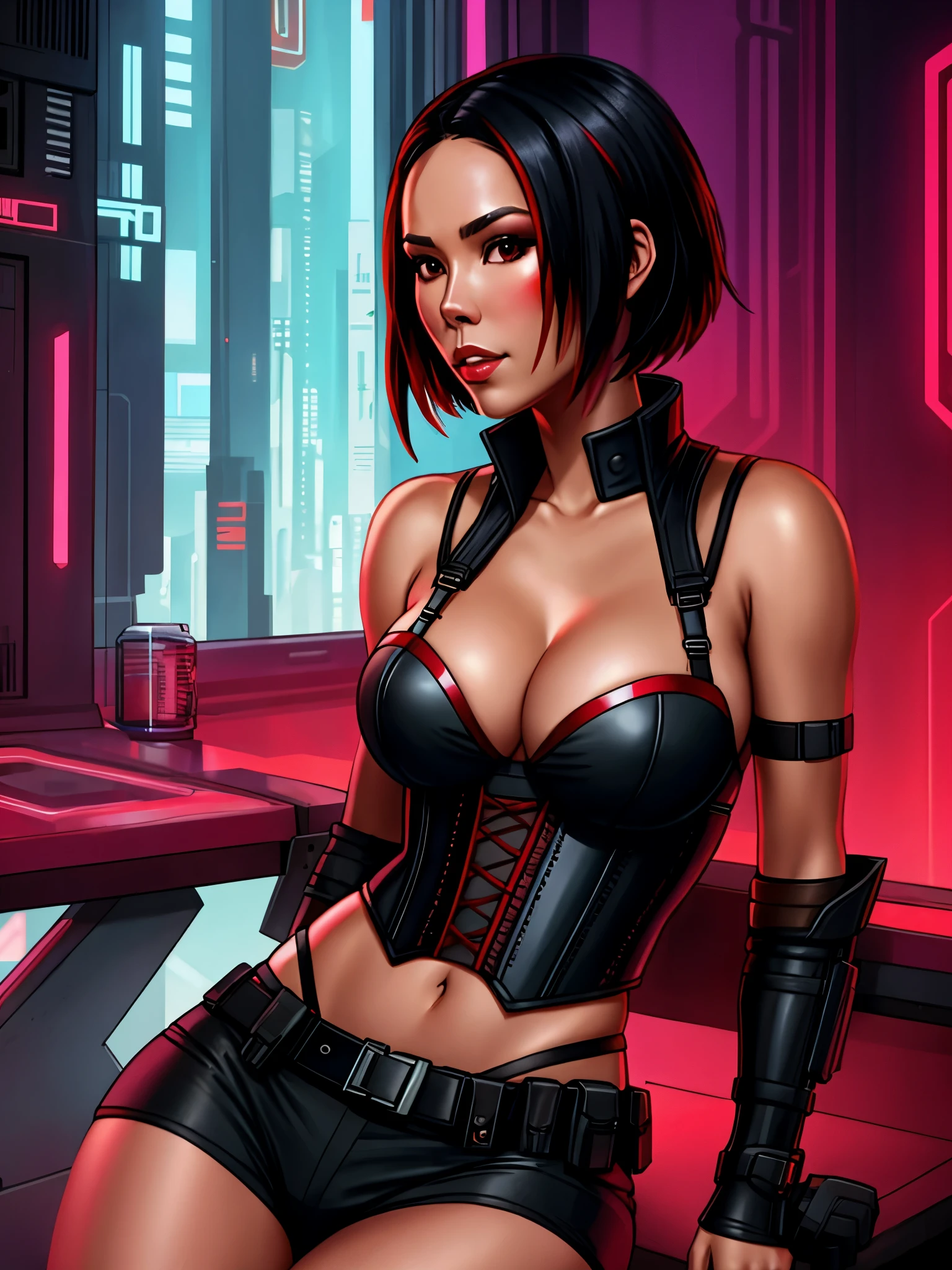 Lexa Doig, short bobcut black hair with red streaks, cyberpunk corset