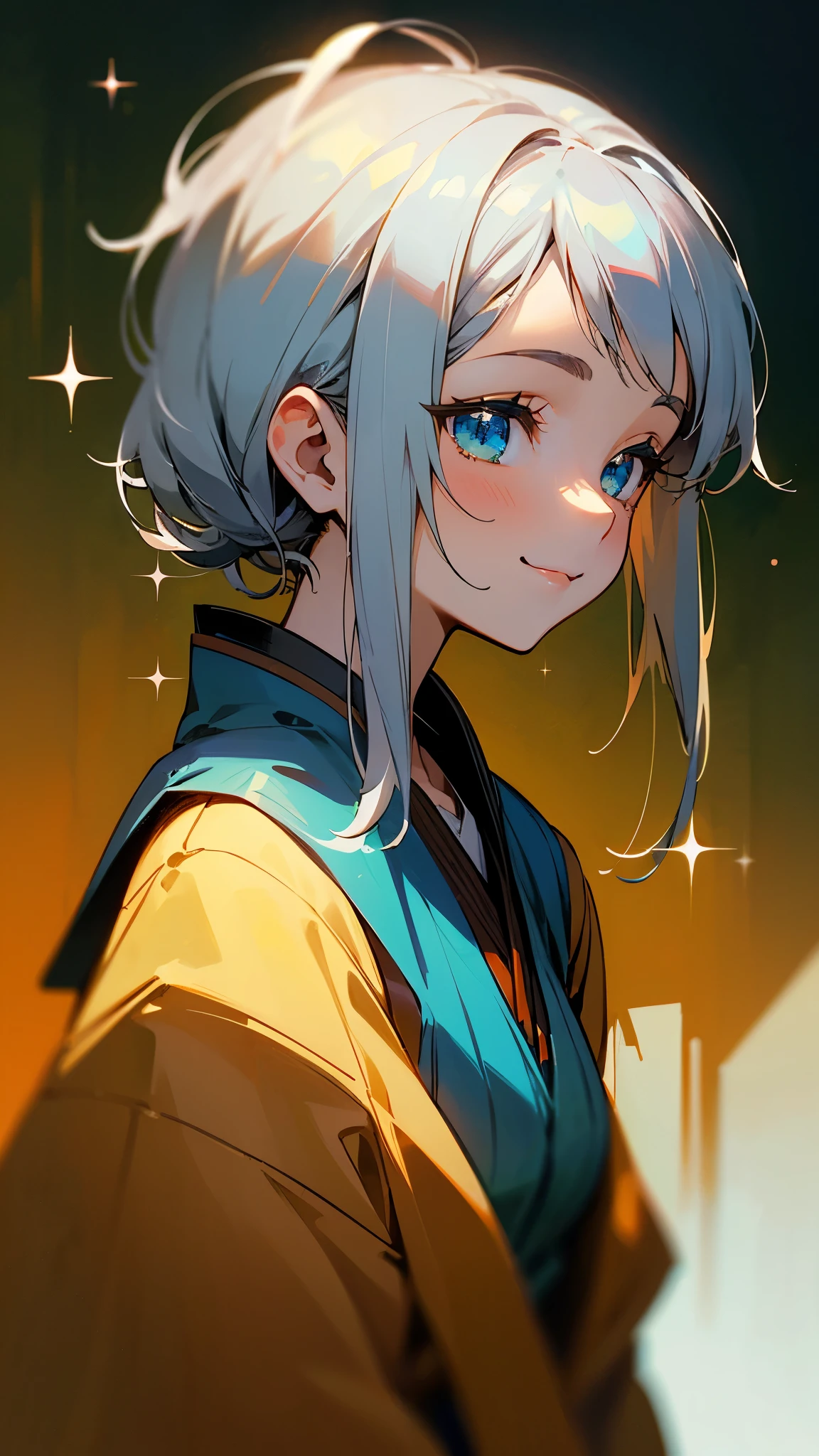 、Anime style painting、Upper body close-up、smile、From the side, impression, (Oil), Green and orange tones、Silver Hair, (Sparkling blue eyes)、Eat ramen、Delicate contours、Background blur, The depth of the drawn boundaries
