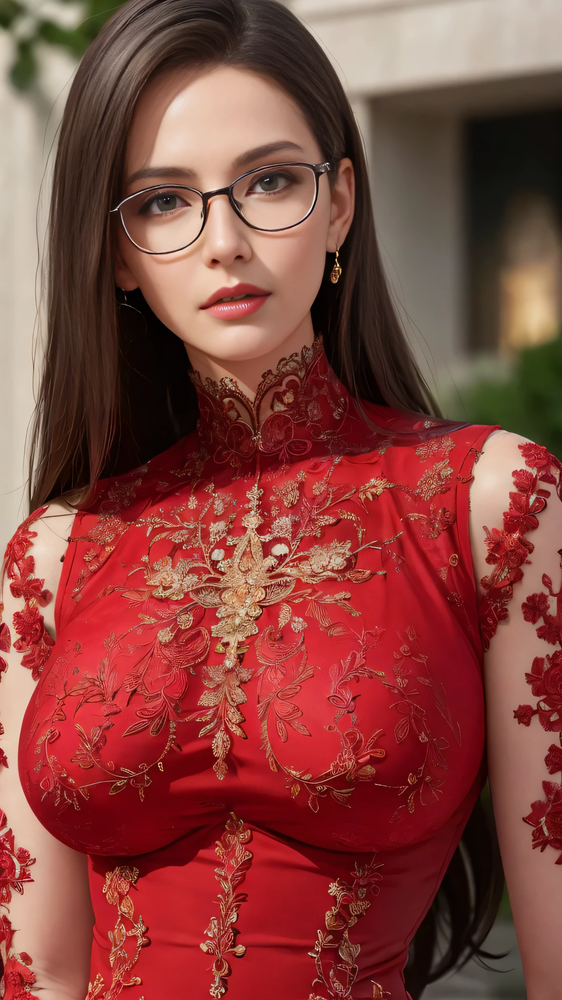 (Masterpiece:1.2, Best quality), Realistic, (Real picture, Intricate details, Depth of field，High neck clothes), parted lip, highly  detailed, Perfect face, Perfect body, Large models,
Mature woman,45 years old,  Tall, Long legs, 
Natural background bokeh, glasses, red latex dress, medium breast