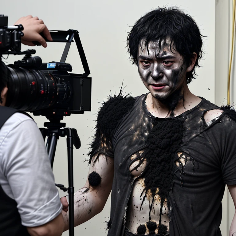 During the filming of a comedy movie、Caught in an explosion、Covered in soot and in tatters、 actor boy