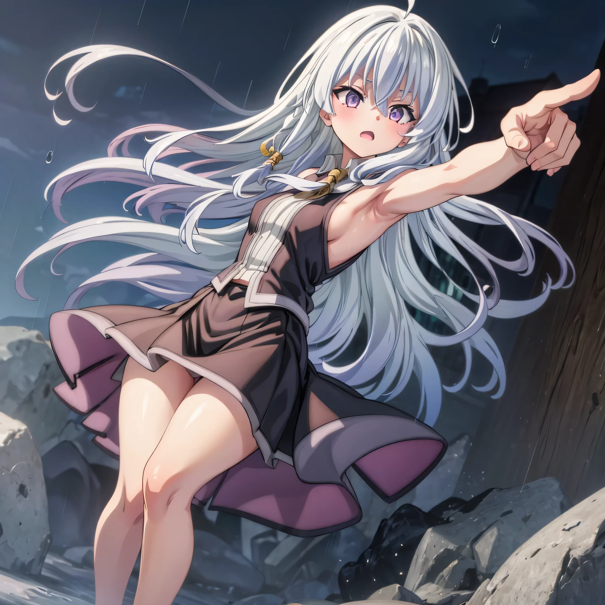 realistically, longhair, glitter silver hair, brown eyes, glowing eyes, white short skirt, super shot skirt, Blush, daytime, Wet from the rain, see through, sleeveless shirt, nipples, , pussy, crotch, surprise, hugging your knees, windy, elaina, the skirt is flipped up, masterpiece, highest quality, very High resolution, highly detailed face, perfect hands, perfect anatomy, witch, armpit,