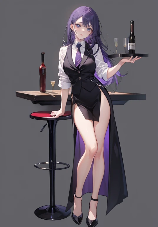 ((Perfect Face)),Purple Hair,voluminous long hair,1 female,bartender,Black vest,Shirt with rolled up sleeves,tie,slit,High heels,,((Simple Background)),smile,((Full Body)),((full body))