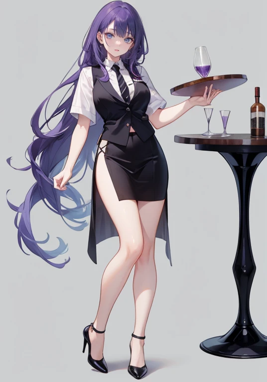 ((Perfect Face)),Purple Hair,voluminous long hair,1 female,bartender,Black vest,Shirt with rolled up sleeves,tie,slit,High heels,,((Simple Background)),smile,((Full Body)),((full body))