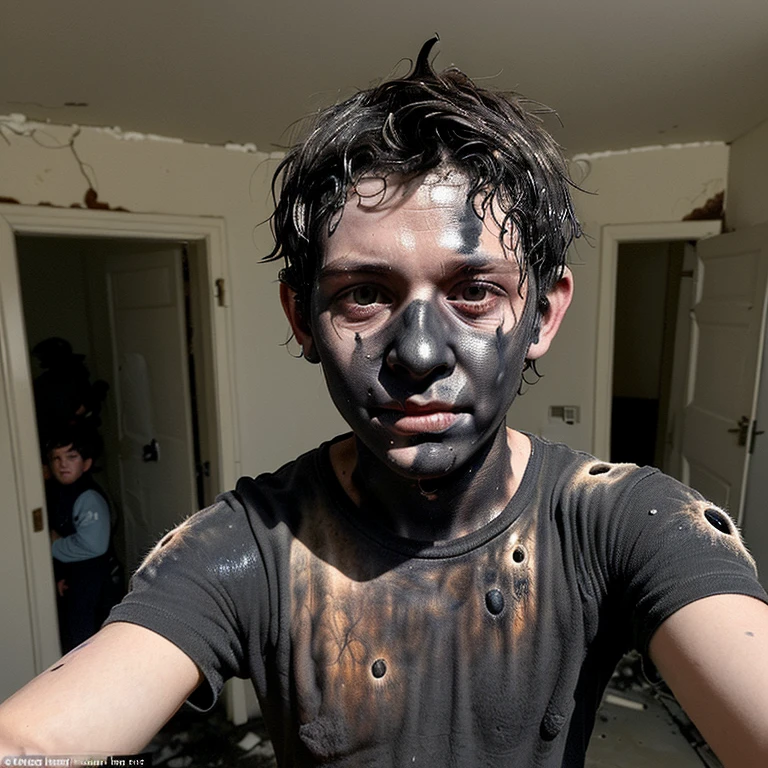 A selfie of a boy who was covered in soot and left in tatters after being caught in an explosion during filming