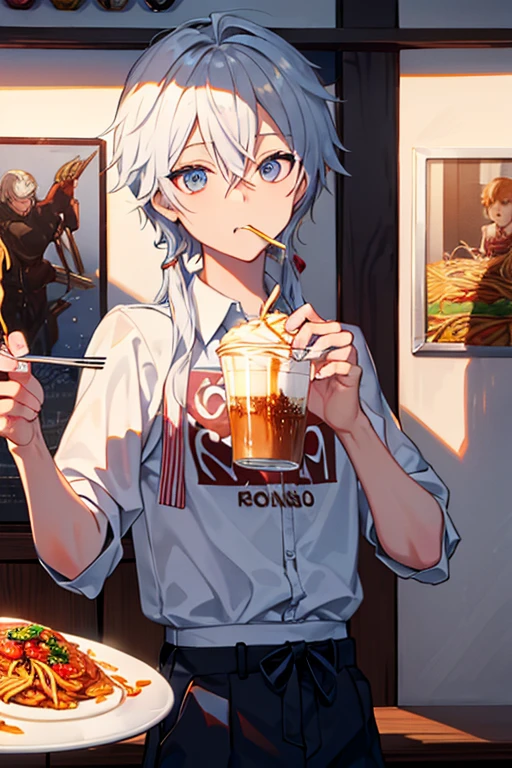 Twink male Eat spaghetti at a coffee shop Eat with a fork Do not grab with your hands masterpiece Best image quality Darken the shadows(Light) clear Shadows in the movie Increased eye appeal {Perfect Face} clear the shine of the eyes Draw eyelashes neatly