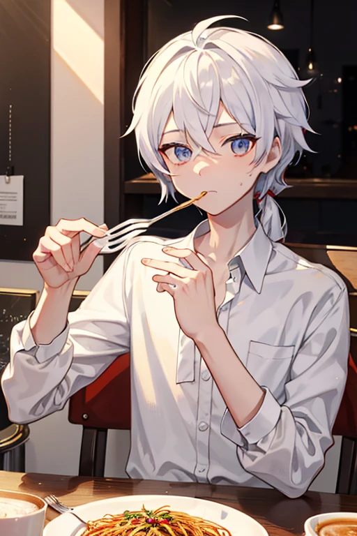 Twink male Eat spaghetti at a coffee shop Eat with a fork Do not grab with your hands masterpiece Best image quality Darken the shadows(Light) clear Shadows in the movie Increased eye appeal {Perfect Face} clear the shine of the eyes Draw eyelashes neatly