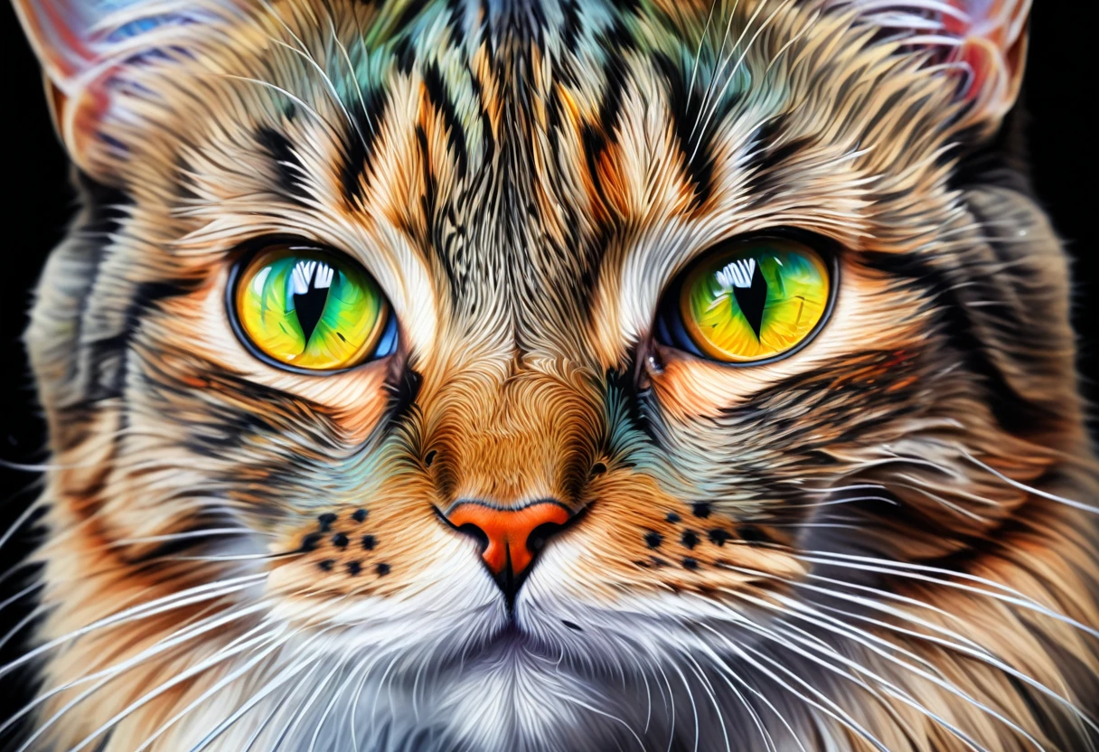 painting of a Cat with a colorful face and eyes, Airbrushing painting by Zahari Sograph, Trending on Artstation, fur art, Cat. Digital Painting, Beautiful art UHD 4K, Digital Painting Very detailed, 4k Very detailed Digital Art, Detailed painting 4k, Very detailed Digital Artwork, Very detailed Digital Painting, Digital Art. Very detailed