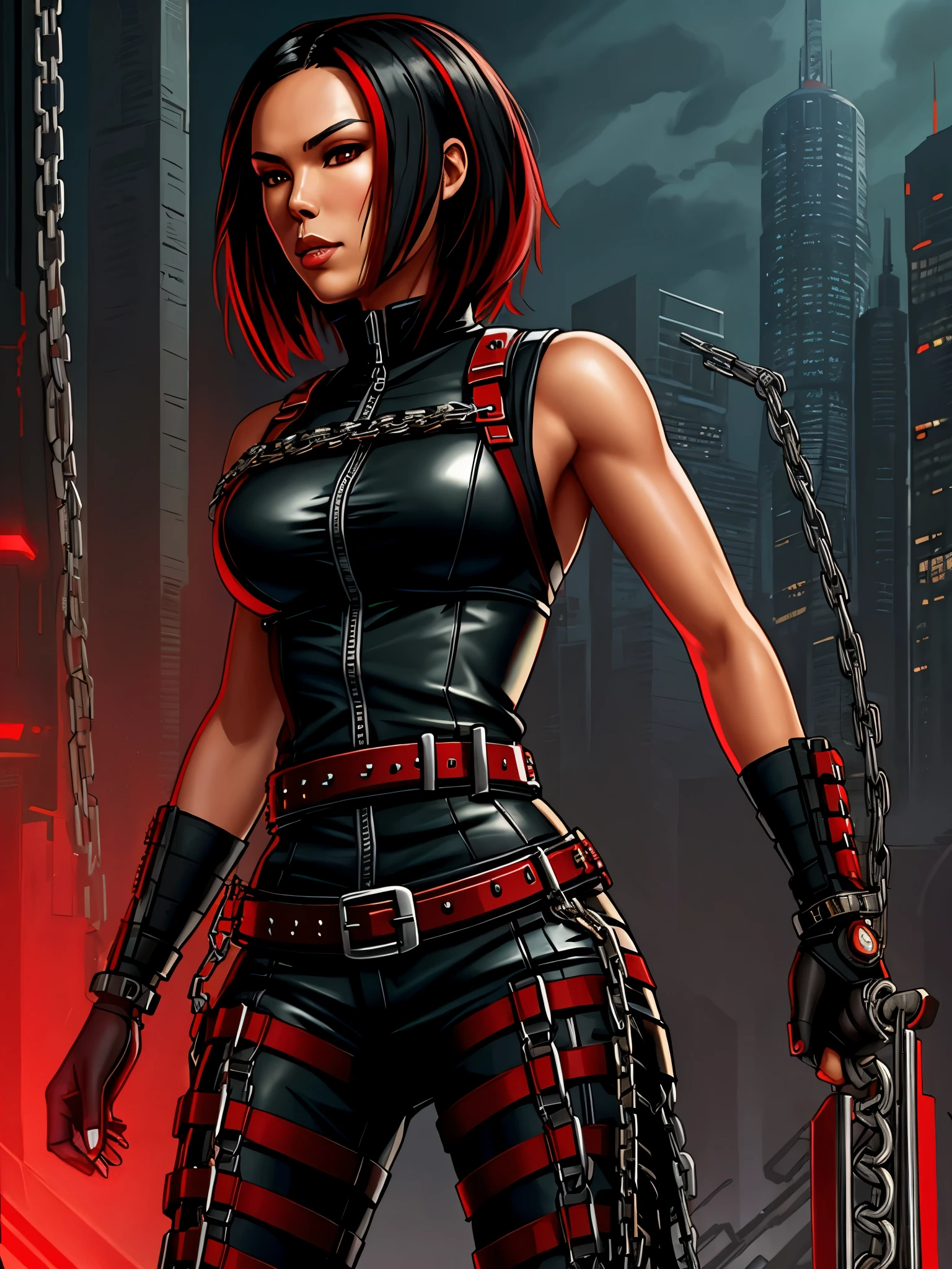 Lexa Doig, short bobcut black hair with red streaks, ((chainpunk)), belts and straps, chains, ((chaincore)), sleek futuristic outfit