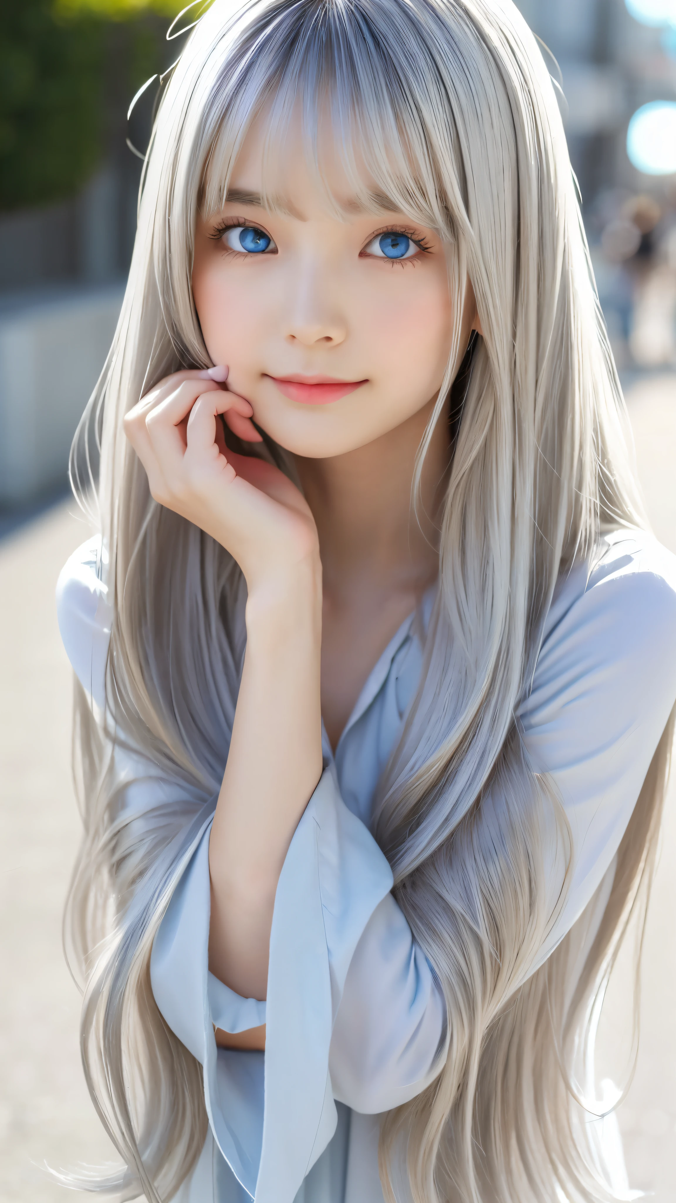 Shining, clear, white skin、Her windblown silver hair hides her beautiful face.、huge、28 years old cute sexy little beautiful face、Beautiful straight hair that stands out、growing up, Sparkling light blue eyes、long silky bangs that cover cute eyes, Sexy and cute young woman with super long hair hiding her sexy face、super long silver hair