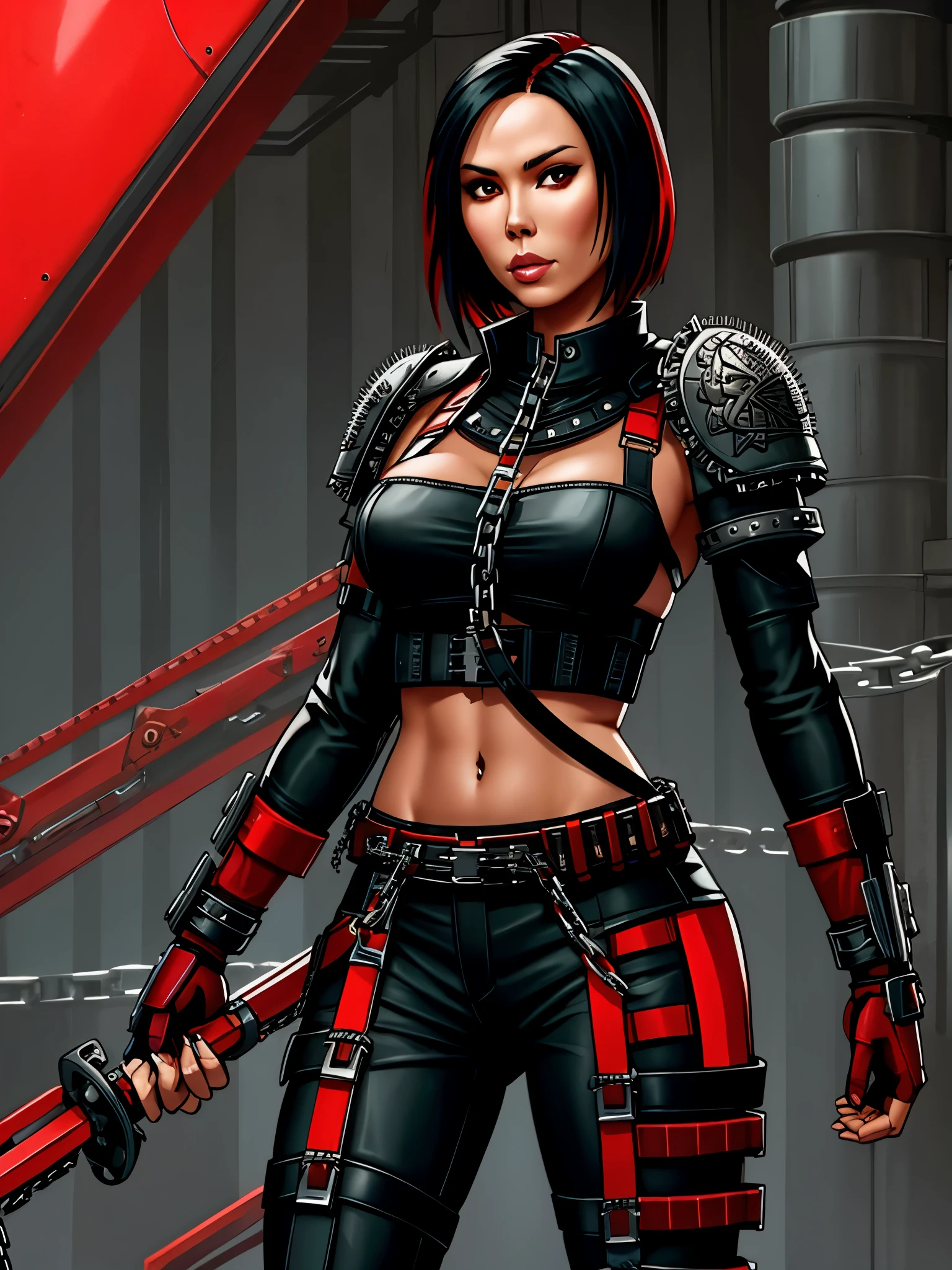 Lexa Doig, short bobcut black hair with red streaks, ((chainpunk)), belts and straps, chains, ((chaincore)), sleek futuristic outfit