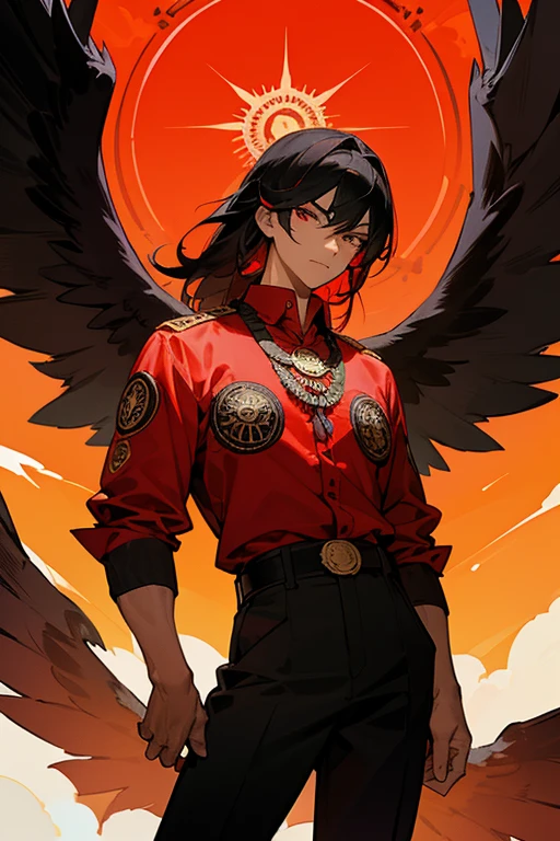 Chico de cabello negro, camisa de color rojo, black pants, eagle belt, ojos marrones, eagle wings on the back, plumas marrones con puntas rojas, muscular complexion, thin golden aztec medallion.vendaje rojo en el brazo mirando de frente al espectador 