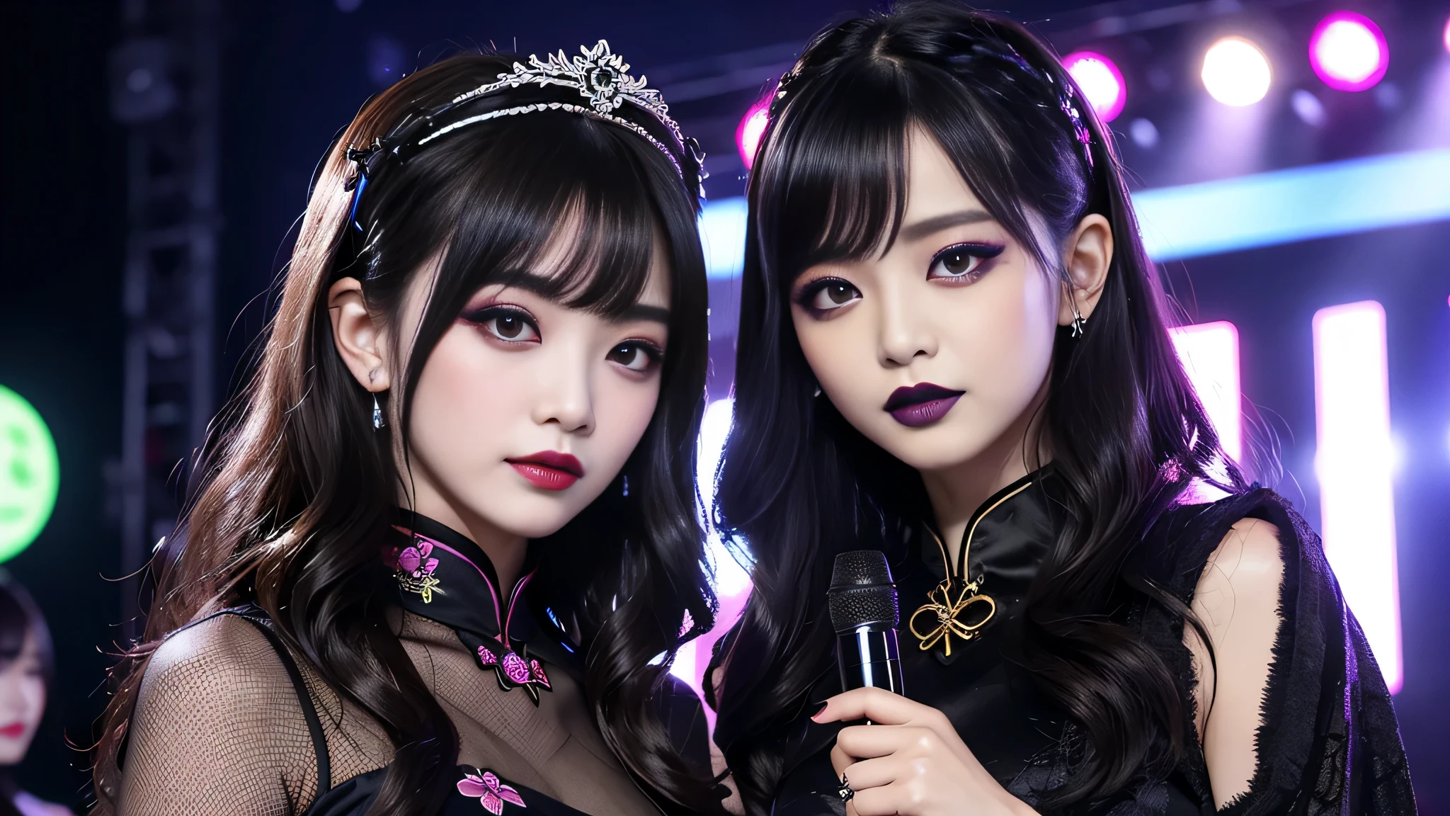 2girls、best quality、ultra-detailed、4k、Japanese、Seductive beauty、seductive adult woman、Pretty Woman、cool girl、Villainess、Brainwashed、brainwash、Fallen into evil、smirk、Evil look、Wicked Smile、evil、Brown hair、wavy hair、swept bangs、dark makeup、dark makeup、piercing eyes、hollow eyes,half-closed eyes、Hollow Eyes、Purple Eyeshadow、black lipstick、black lipglos、Long Black Cheongsam、Wide sleeves、night、inside Live stage、Applying lipstick、