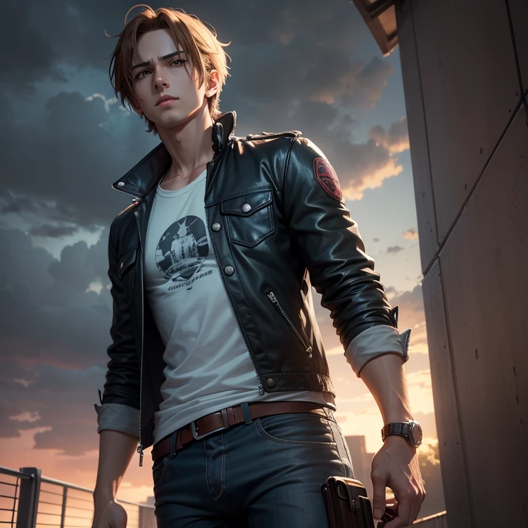 Young man look like leon kennedy looking up at the rainy sky, ultra-detailliert. anime image. by makoto shinkai, anime art wallpaper 4k, anime art wallpaper 4k, Anime art wallpaper 8k, anime wallpaper 4k, anime wallpaper 4k, 4K Anime Wallpapers, Anime Sky, amazing wallpapers, anime backgrounds, Anime Background Art, big bulge.