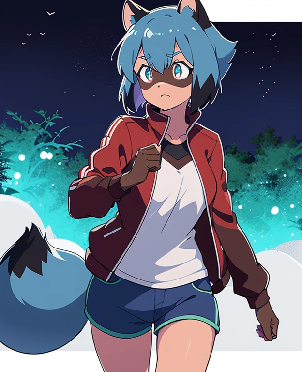 Michiru_kagemori, 1girl, Tier_Ohren, Blau_Haar, Body_Fell, Fellry, Fellry_weiblich, raccoon_Ohren, raccoon_girl, raccoon_Schwanz, kurz_Haar, Schwanz, Rot_Jacke, Schiene_Jacke, White_Hemd, offener Mund, schreiend, scaRot, Nacht, Regen, Blitz, Blitz strike, outside, Wald, Baum, portrait, Allein, Oberer, higher_Body, ambient dunkelness, dunkel