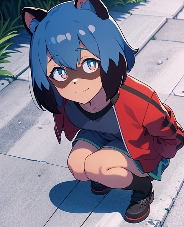 Michiru_kagemori, 1girl, Tier_Ohren, Blau_Haar, Body_Fell, Fellry, Fellry_weiblich, raccoon_Ohren, raccoon_girl, raccoon_Schwanz, kurz_Haar, Schwanz, Rot_Jacke, Schiene_Jacke, White_Hemd, offener Mund, schreiend, scaRot, Nacht, Regen, Blitz, Blitz strike, outside, Wald, Baum, portrait, Allein, Oberer, higher_Body, ambient dunkelness, dunkel