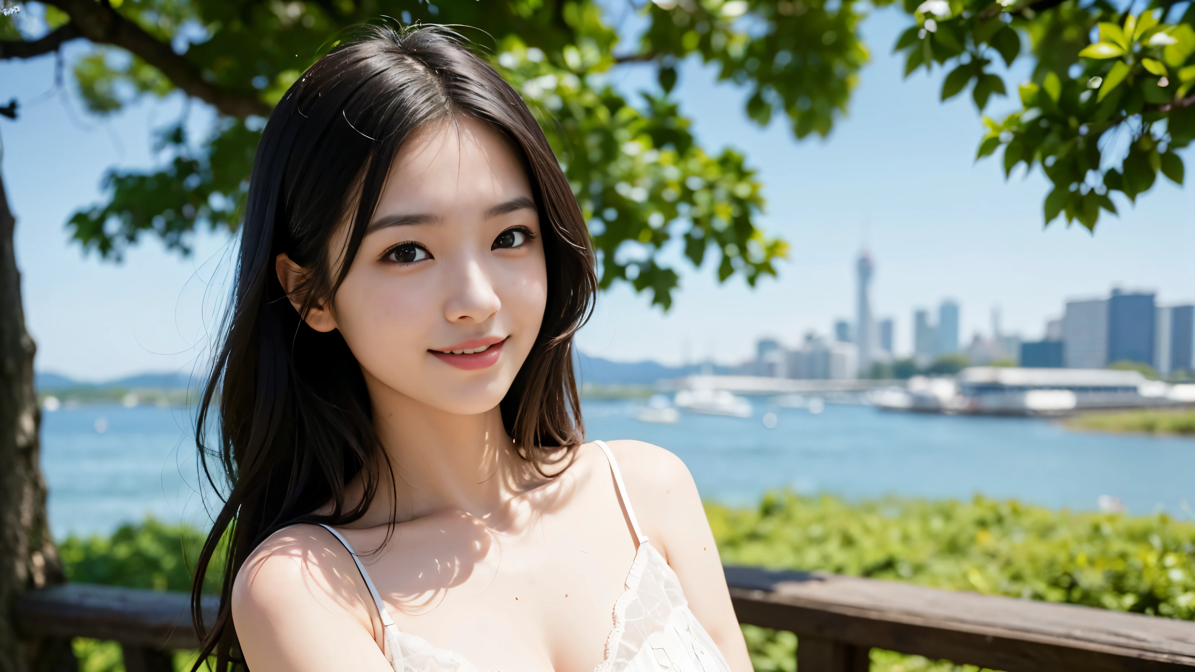 ((Realistic photo: 1.0), Cute Japan girl: 1.1, Shoulder-length hair: 1.2, Light makeup: 1.0, Medium breast size: 1.2, Dress: 1.1, City backdrop: 1.1, Clear facial features: 1.3, 8K high resolution: 1.3, Sharp and realistic details: 1.3, Eye-level shot: 1.1, Focal length: 85mm: 1.2, Aperture: f/1.4.0: 1.2, Camera: Fujifilm: 1.0, in the park, smile