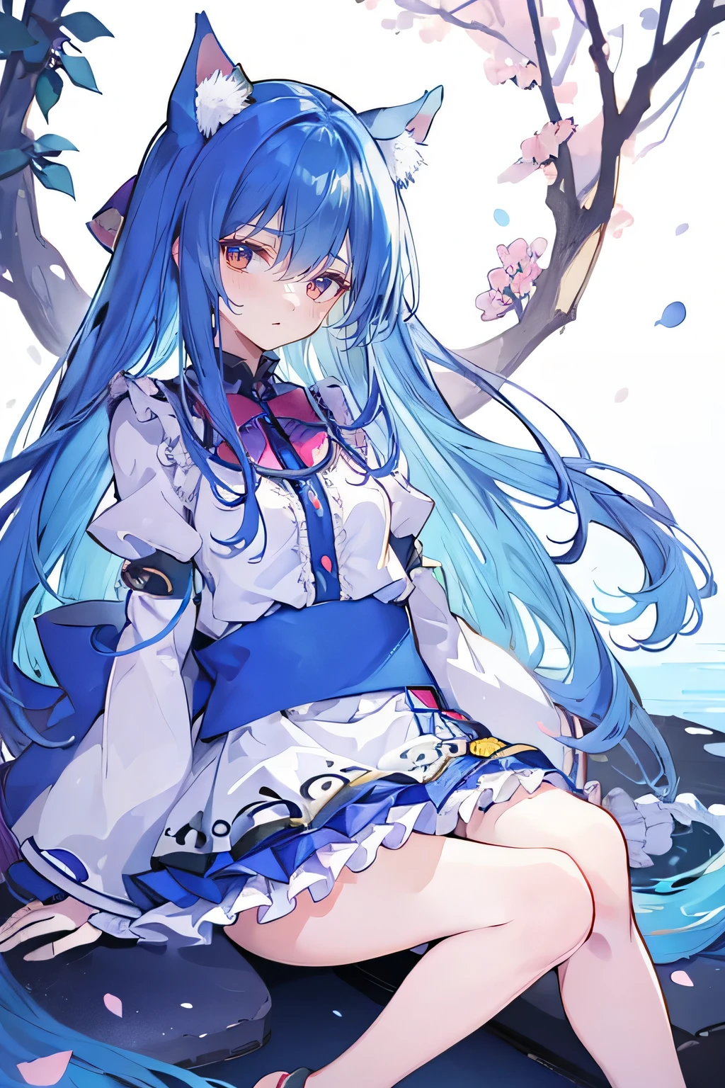 (masterpiece:1.2),ultra-detailed,realistic,expressive eyes,fair-skinned,perfectly shaped face,1girl,
Japanese cartoons,Gorgeous blue hair, flowing blue hair,floating clothes,cat ears,petals falling,beautiful Lola,Hina Angel,
hands on waist,gracefully sitting on the ground,legs crossed,gentle and serene background,cool and comfortable pavilion.