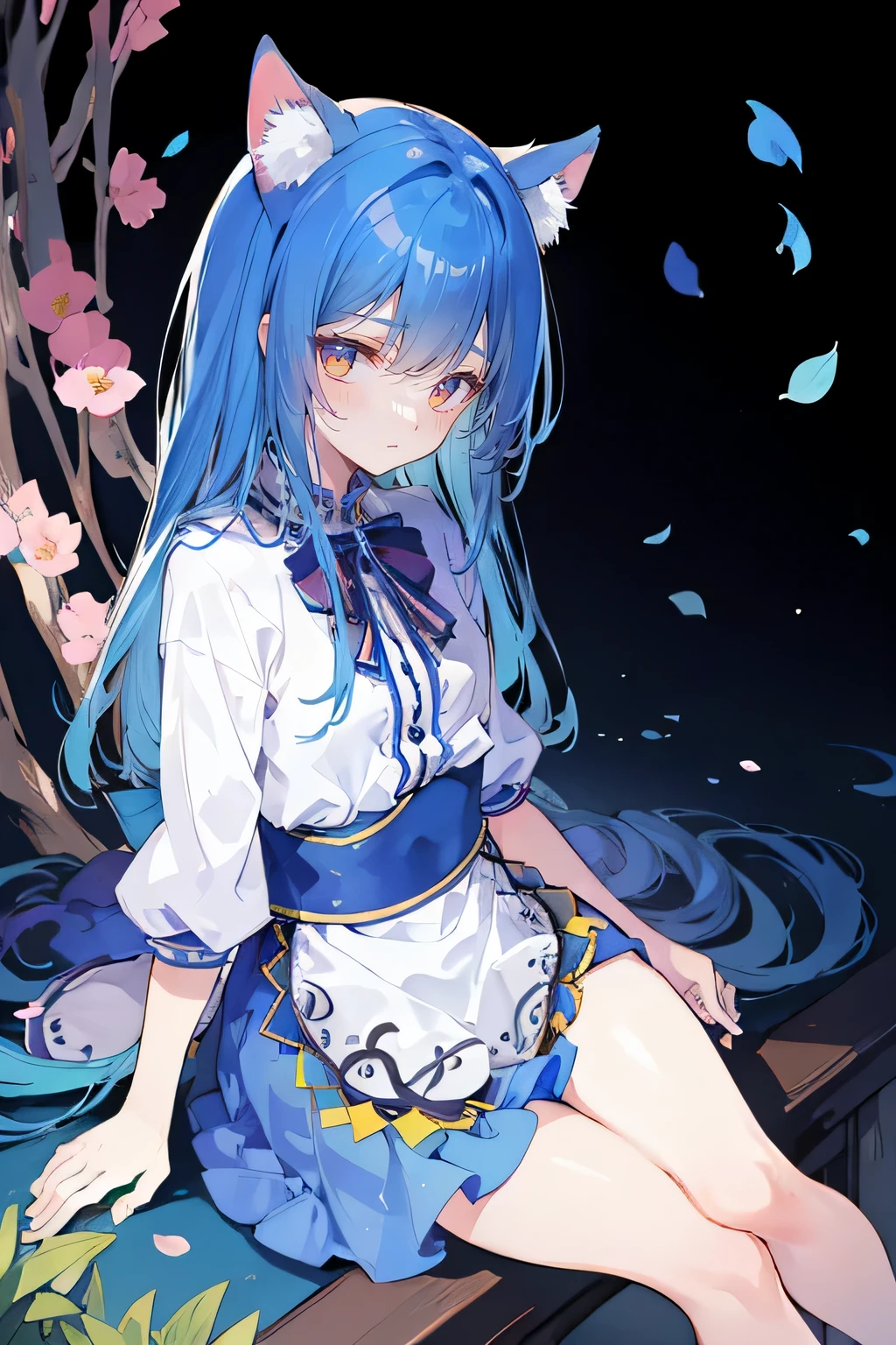 (masterpiece:1.2),ultra-detailed,realistic,expressive eyes,fair-skinned,perfectly shaped face,1girl,
Japanese cartoons,Gorgeous blue hair, flowing blue hair,floating clothes,cat ears,petals falling,beautiful Lola,Hina Angel,
hands on waist,gracefully sitting on the ground,legs crossed,gentle and serene background,cool and comfortable pavilion.
