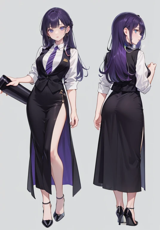 ((Perfect Face)),Purple Hair,voluminous long hair,1 female,bartender,Black vest,Shirt with rolled up sleeves,tie,slit,High heels,,((Simple Background)),smile,((Full Body)),((full body))