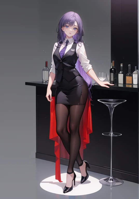 ((Perfect Face)),Purple Hair,voluminous long hair,1 female,bartender,Black vest,Shirt with rolled up sleeves,tie,slit,High heels,,((Simple Background)),smile,((Full Body)),((full body))