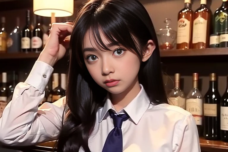 One girl, alone, bangs, blush, Place your hand on your chest, jill stingray, Long sleeve, View your viewers, Purple Hair, Medium chest, tie, shirt, alone, Upper Body, Best,  bartender, Best, white shirt,