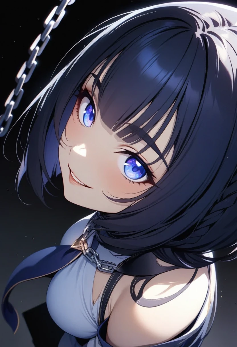 (shylily/(Twich/):1.5),(masterpiece:1.2),(best quality:1.2),, (1girl:1.3), , best quality, Super detailed, 1 Girl, Solitary, permanent, Long Braid Hair, Bangs, Medium breasts, White shirt, tie, look, Smile, (bad: 1.2), looking at the viewer, (interview: 1.3), (Dark background, chain: 1.3), from above, In sharp contrast, Beautiful and delicate eyes, Key Points, close up