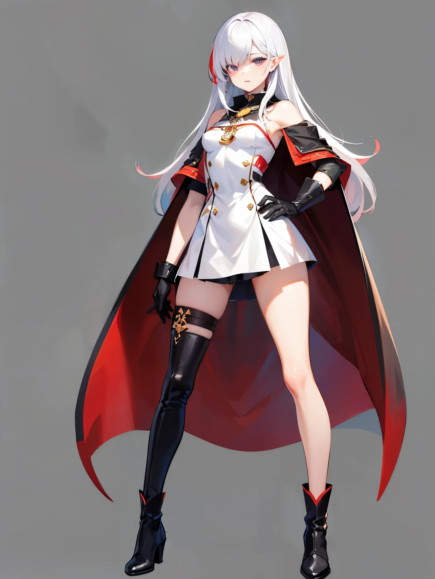masterpiece, best quality, ultra-detailed, beautiful, solo, 1girl, bard, split-color hair, hair over one eye, red hair, multicolored hair, white hair, bangs, long hair, purple eyes, two-tone hair, tall, lean figure, long legs, small waist, broad shoulders, cloak, long boots, gloves,looking at viewer, from front, standing, full body,toe,simple background, white background,
